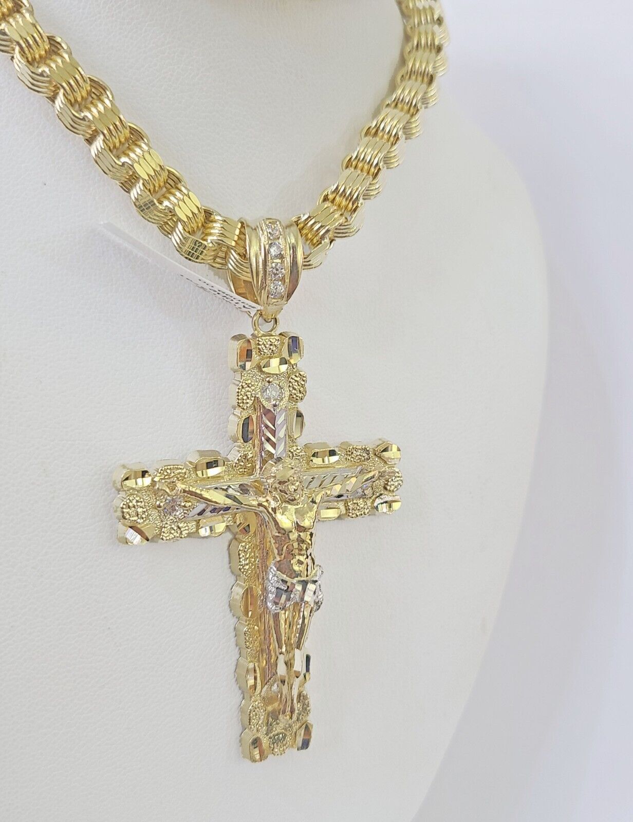 Real 10k Gold Nugget Cross Byzantine Chain Necklace 6mm 24" Chain SET Yellow - GoldenlinQ