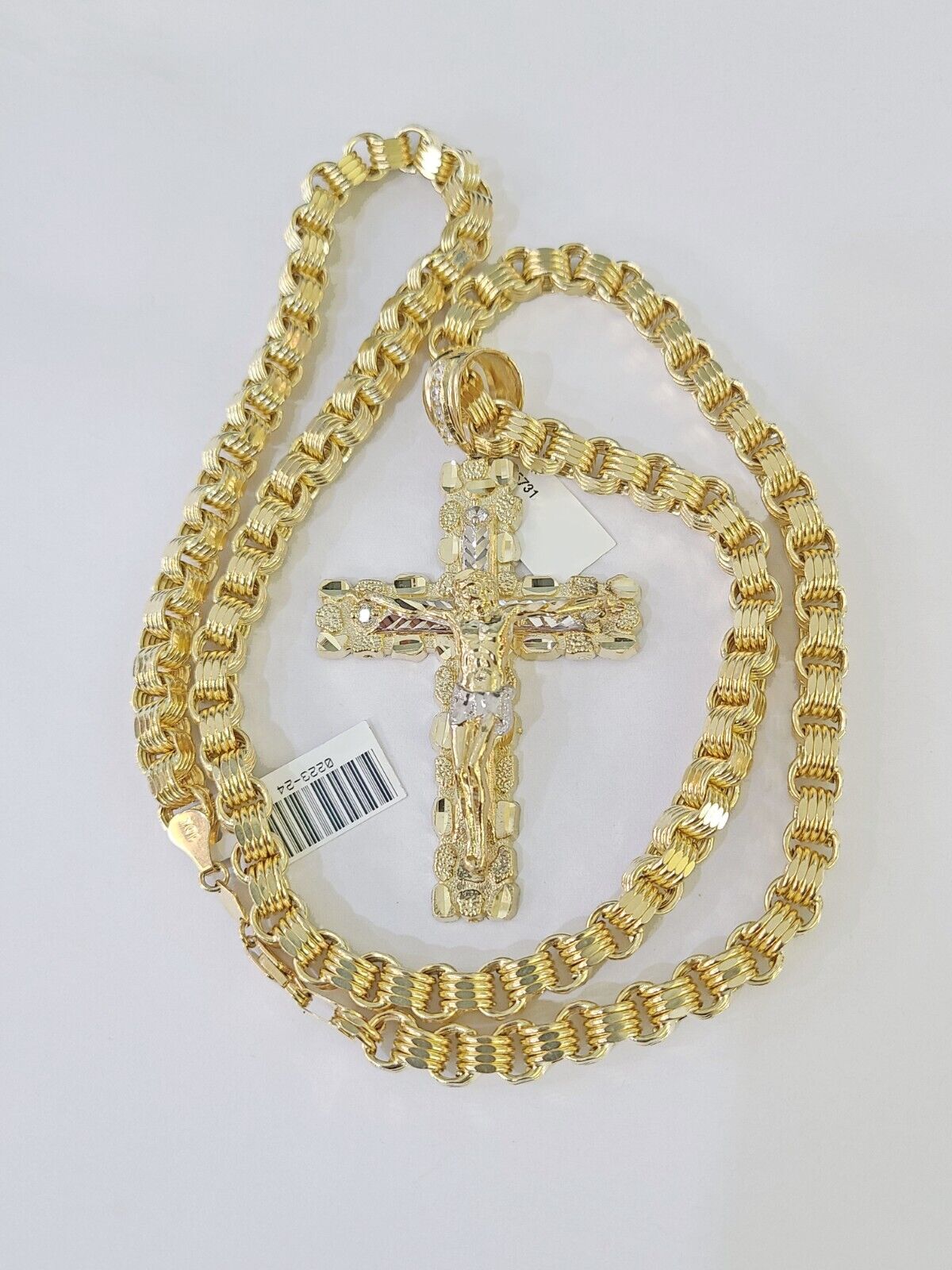 Real 10k Gold Nugget Cross Byzantine Chain Necklace 6mm 24" Chain SET Yellow - GoldenlinQ