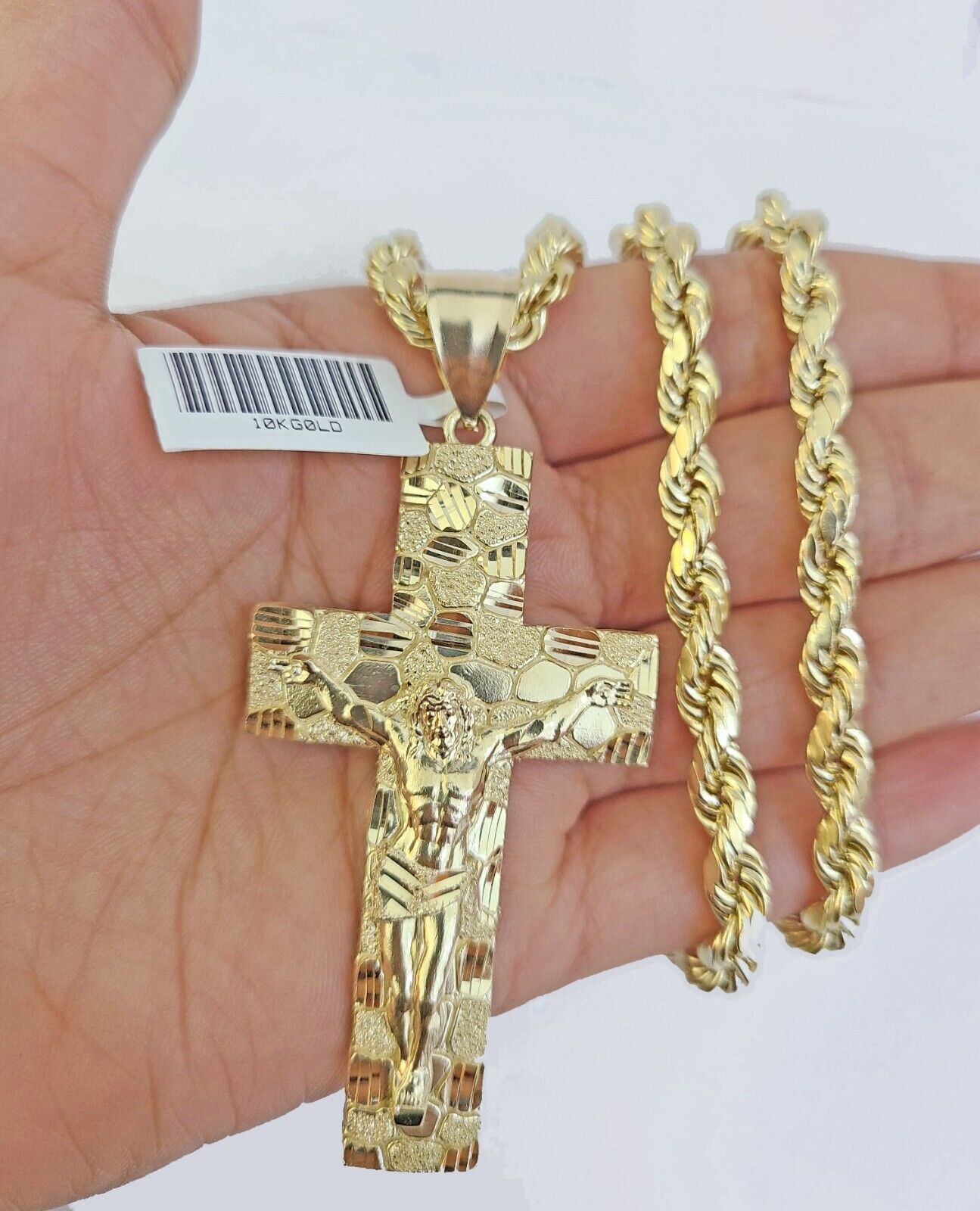 Real 10k Gold Nugget Cross Byzantine Necklace 5mm 22" Chain Charm SET 10kt - GoldenlinQ
