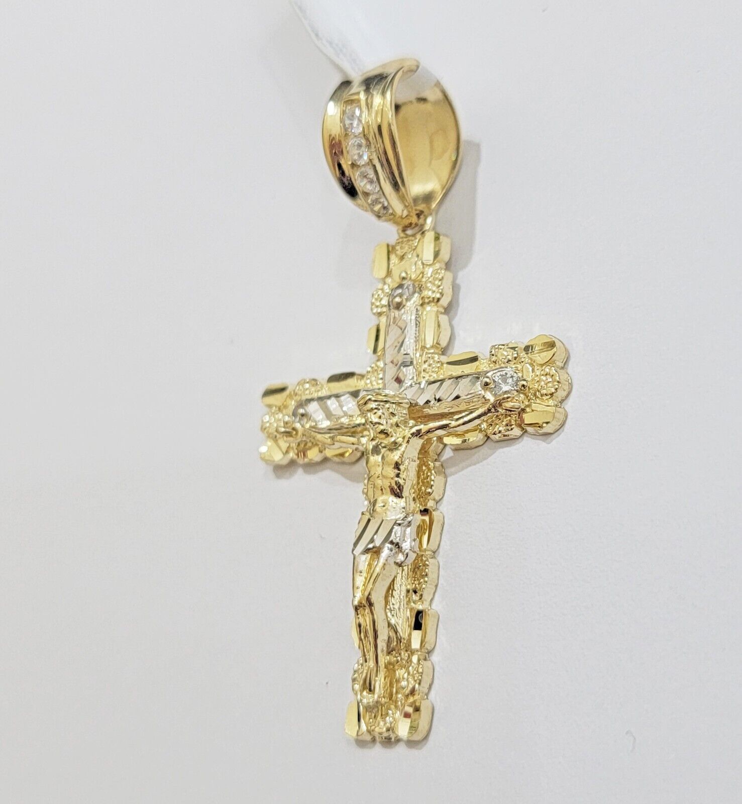 Real 10k Gold Nugget Cross Charm pendant Cuban Link Chain Necklace 5mm 24" Set - GoldenlinQ