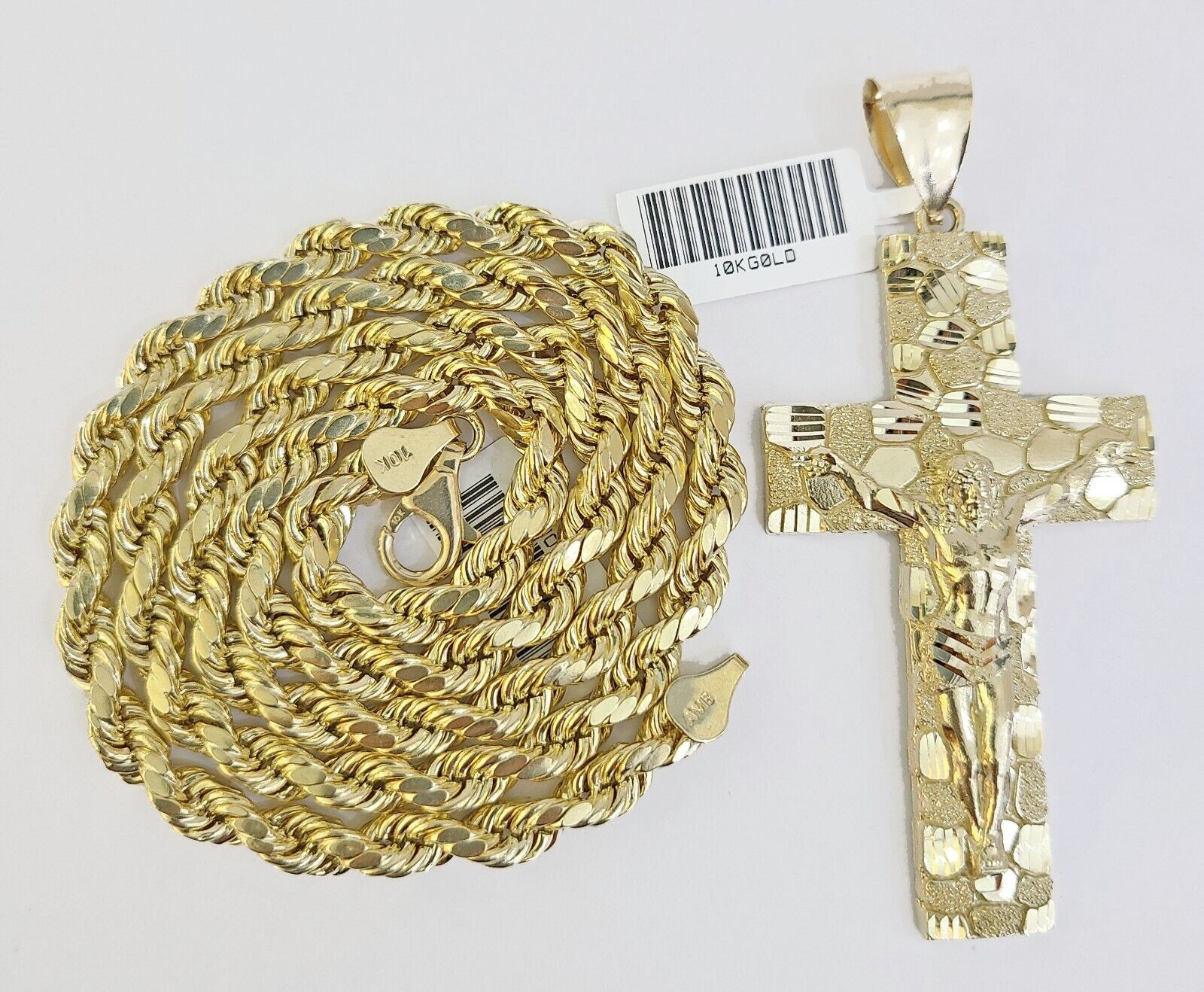 Real 10k Gold Nugget Cross Rope Necklace 6mm 24" Chain Charm SET 10kt - GoldenlinQ