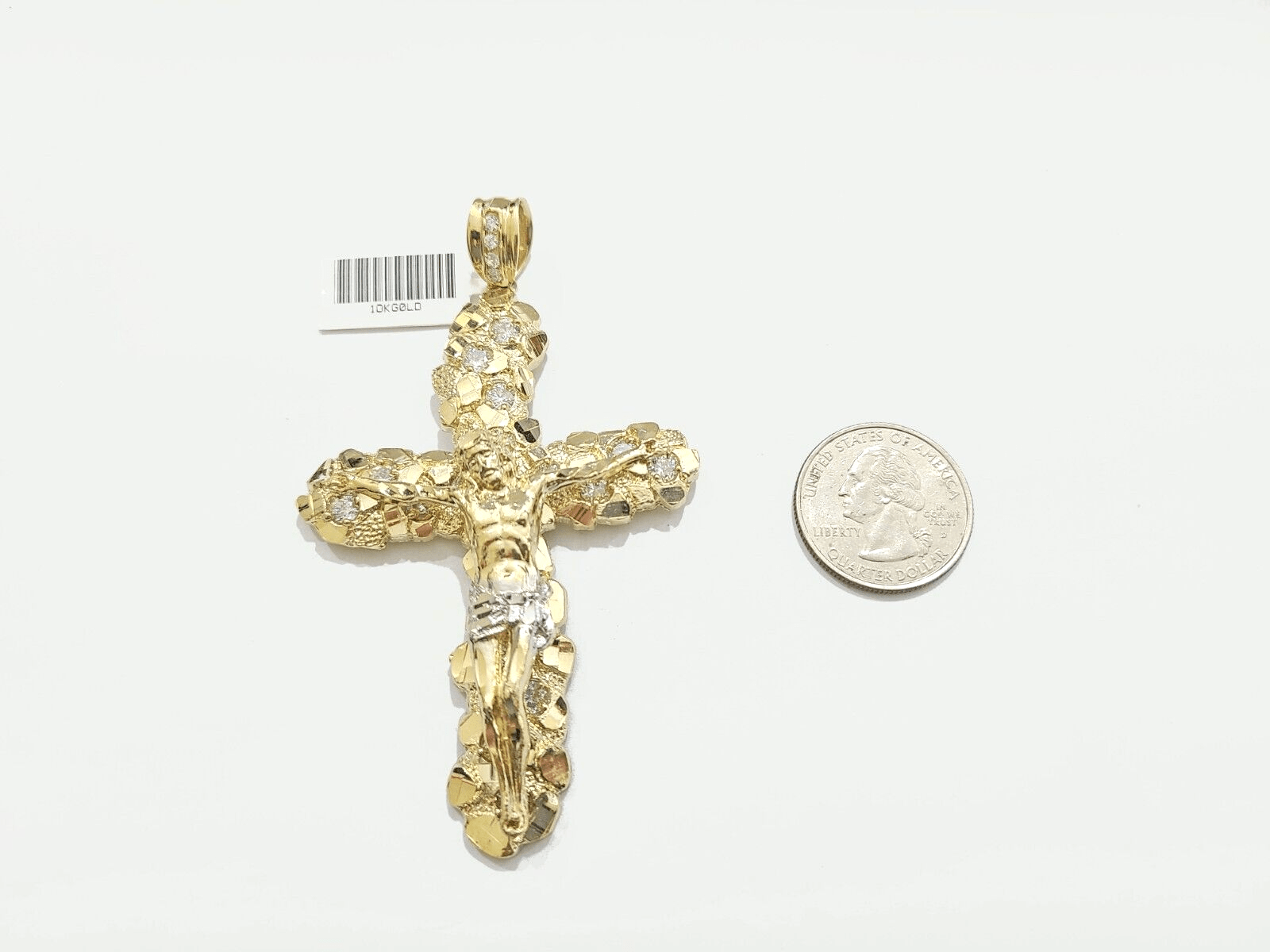 Real 10k Gold Nugget Jesus Cross Charm Pendant 3.5'' Inch 10KT Yellow Gold - GoldenlinQ