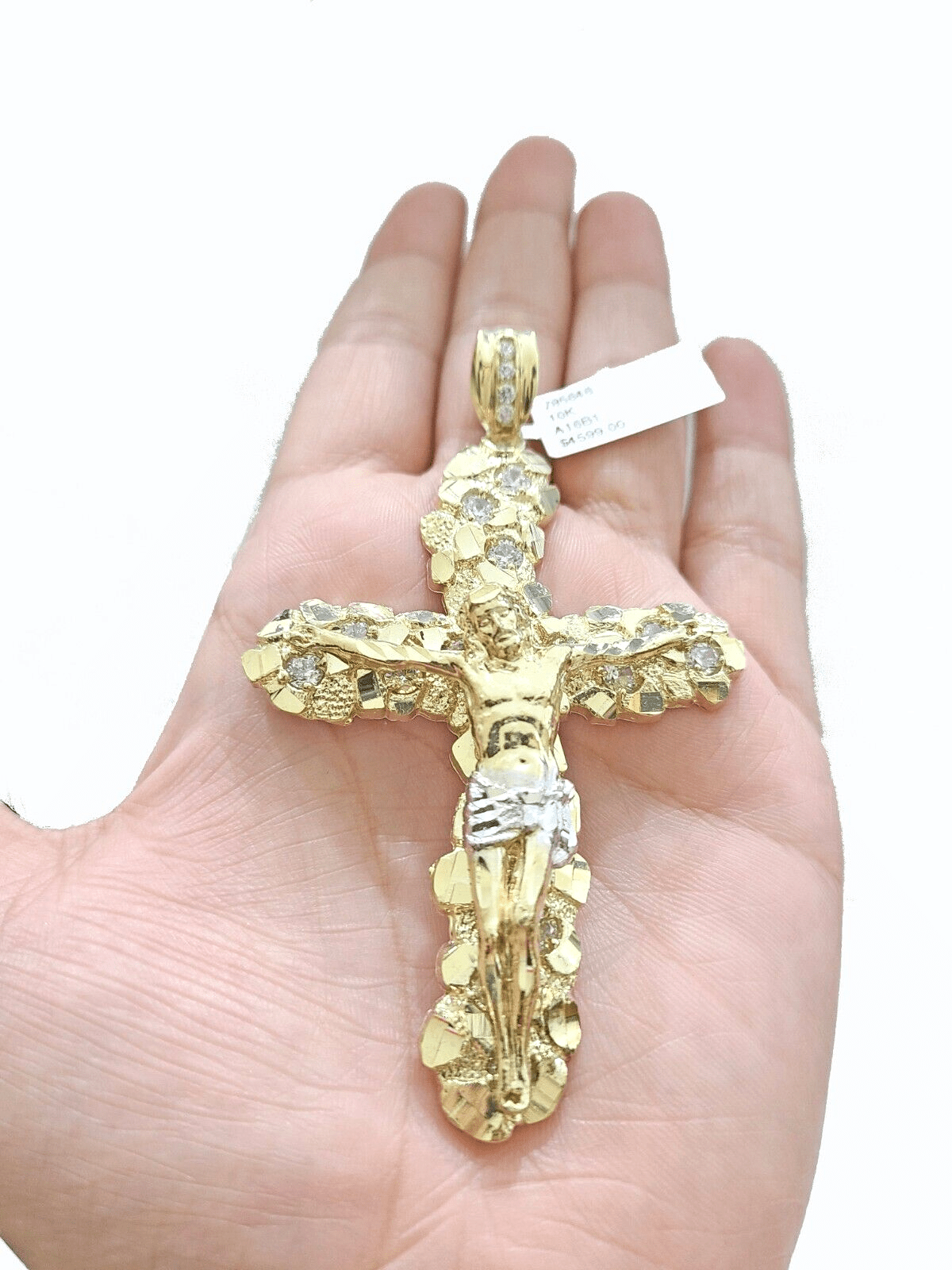 Real 10k Gold Nugget Jesus Cross Charm Pendant 3.5'' Inch 10KT Yellow Gold - GoldenlinQ