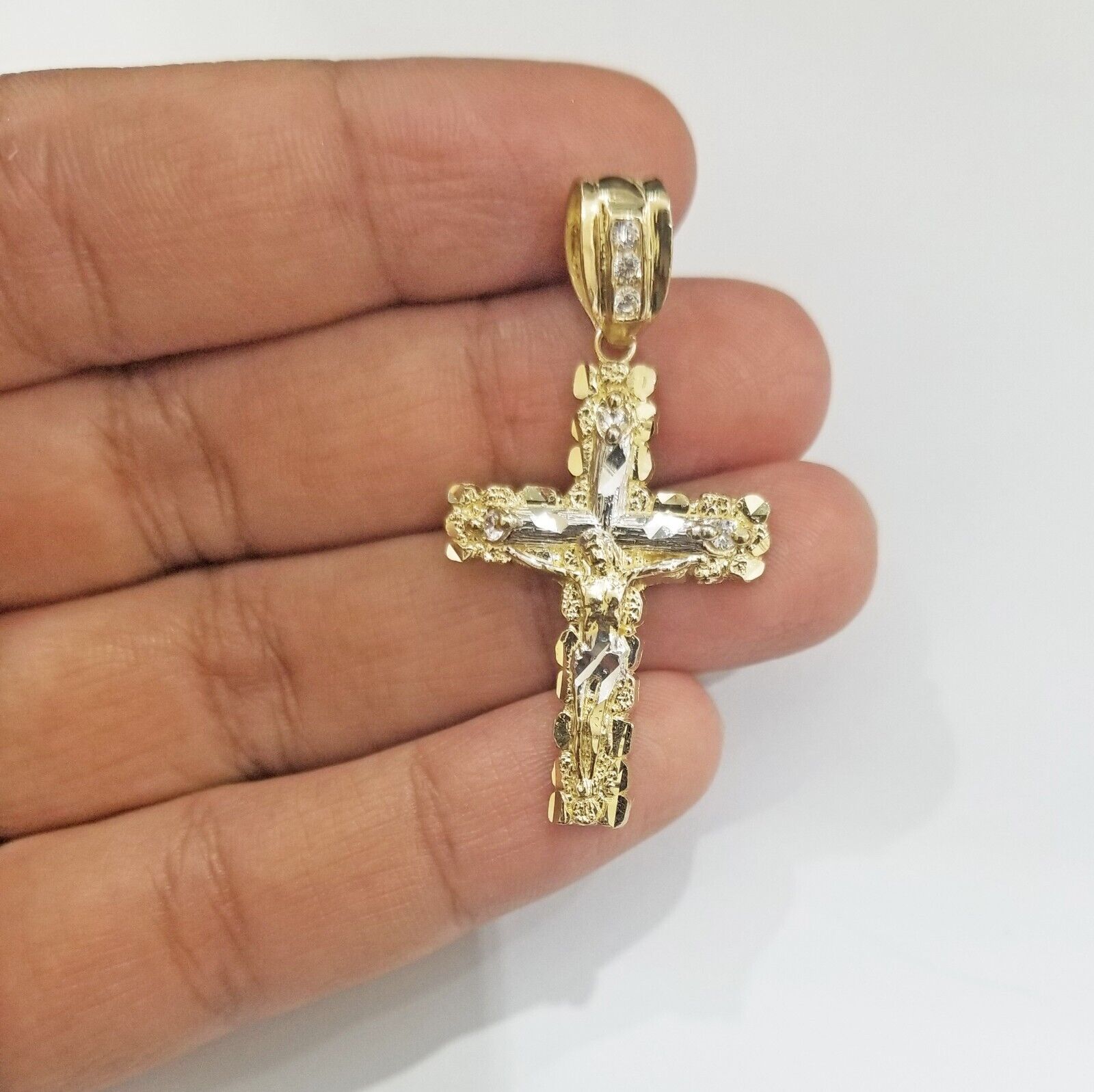 Real 10k Gold Nugget Jesus Crucifix Cross Pendant Charm 10kt Yellow Gold - GoldenlinQ