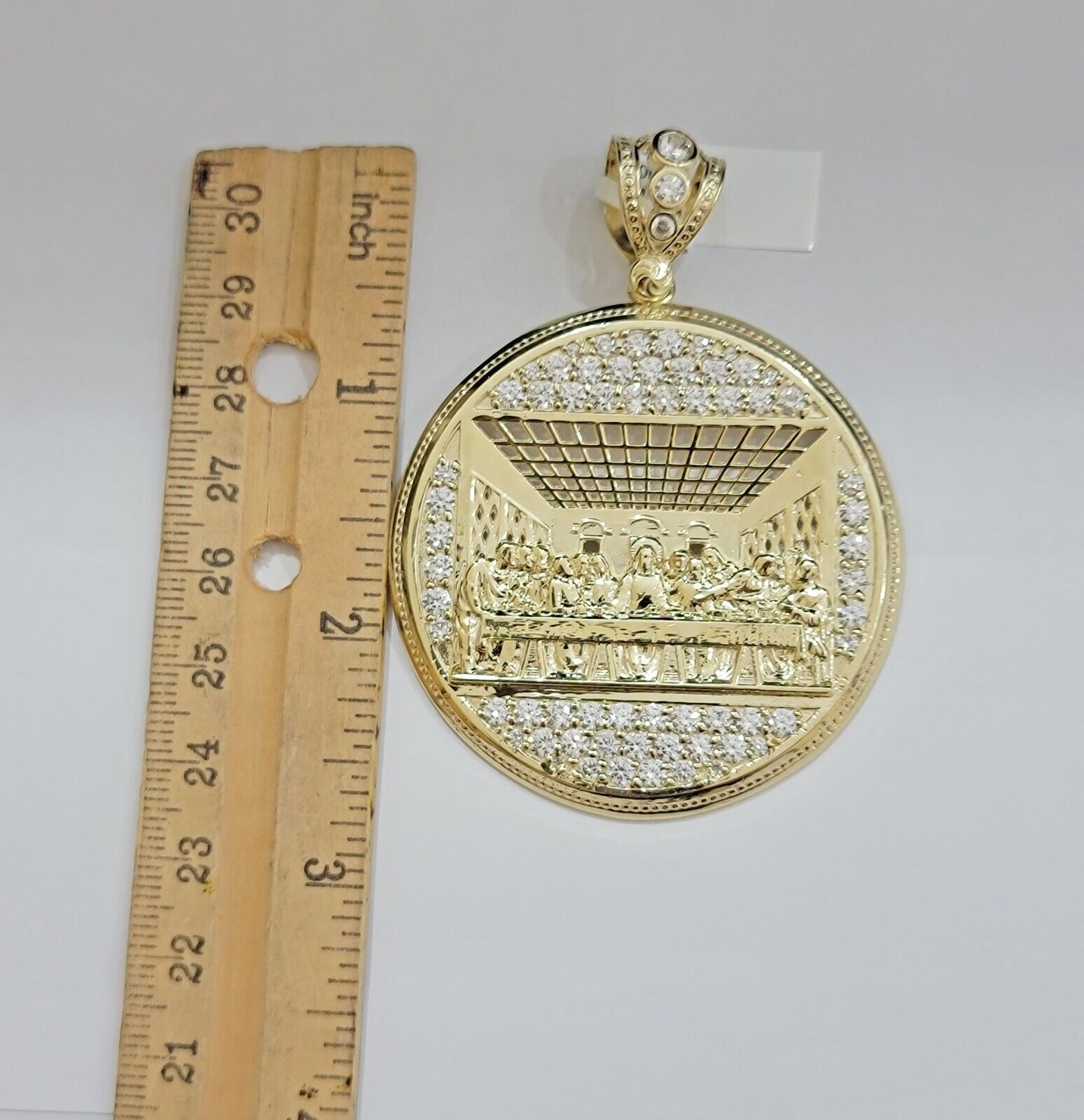 Real 10k Gold Pendant Charm Last Supper Jesus 10kt Yellow Gold With Stones , New - GoldenlinQ
