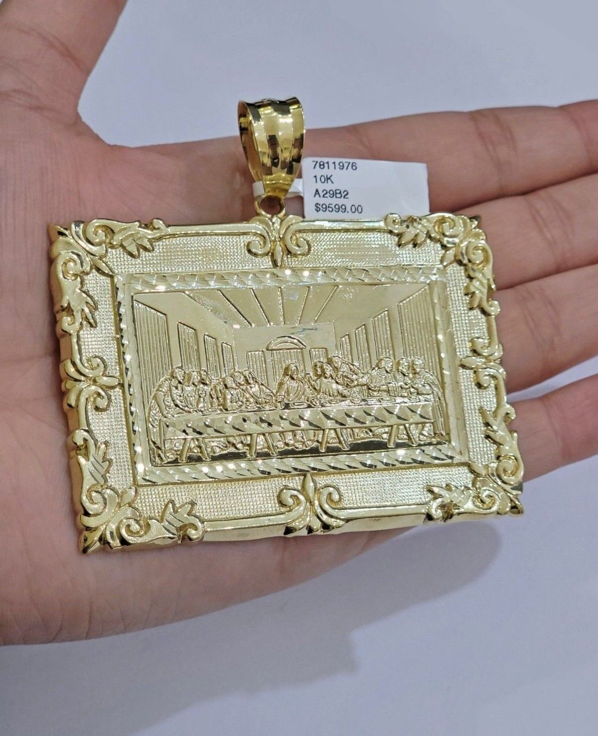Real 10k Gold Pendant Charm Last Supper Square Jesus 10kt Yellow 1.5 - 3 Inch SALE - GoldenlinQ