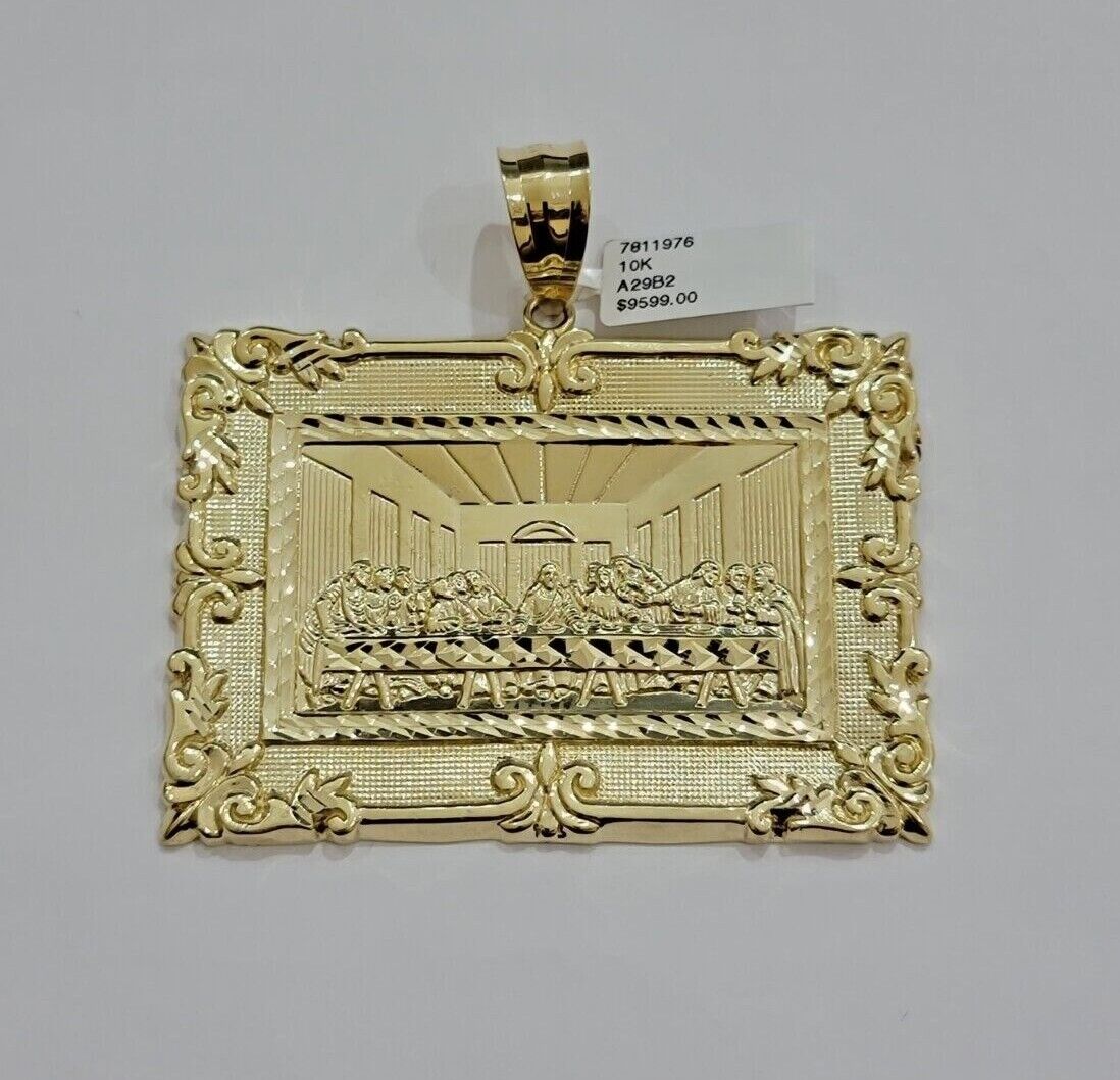 Real 10k Gold Pendant Charm Last Supper Square Jesus 10kt Yellow 1.5 - 3 Inch SALE - GoldenlinQ