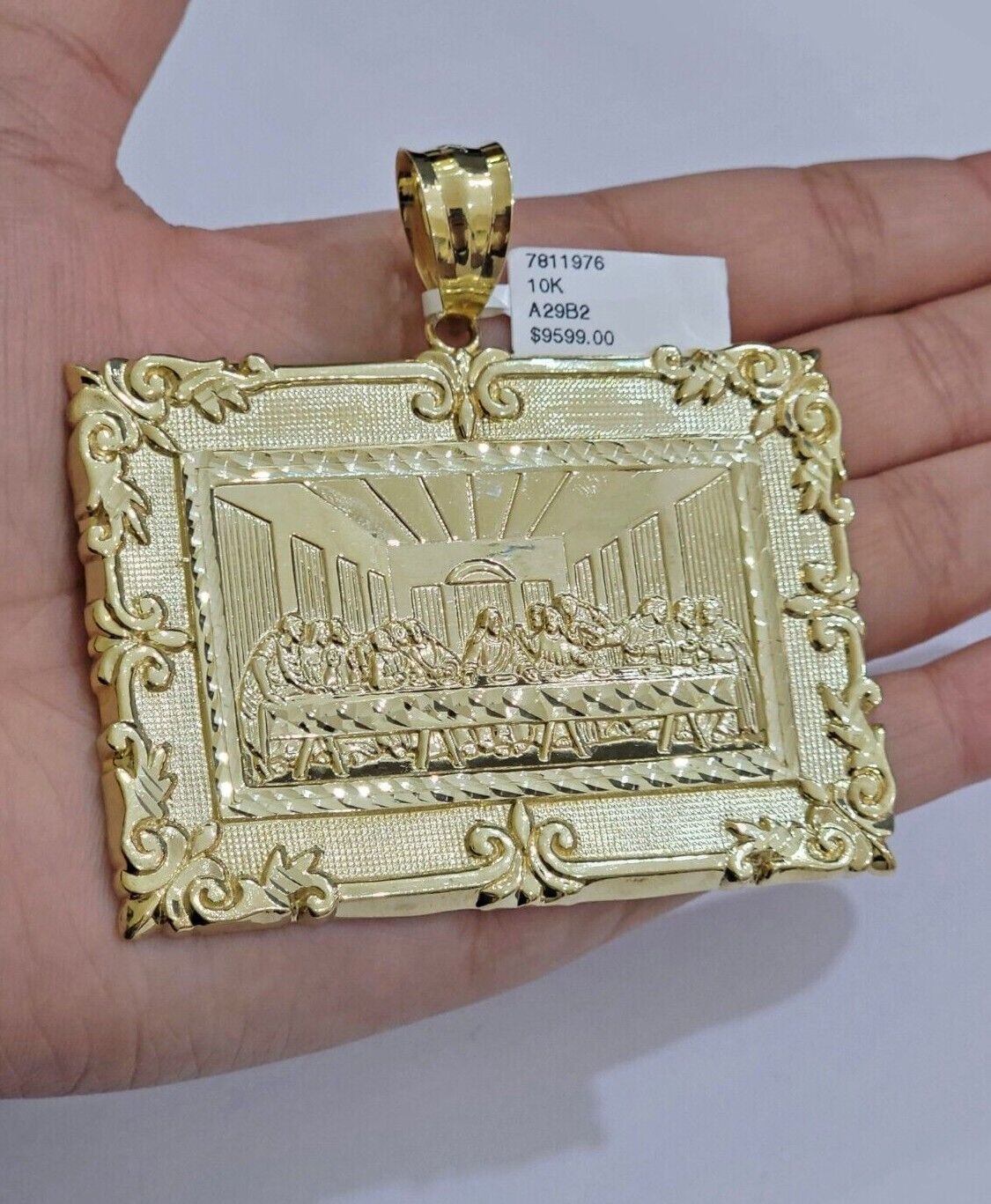 Real 10k Gold Pendant Charm Last Supper Square Jesus 10kt Yellow 1.5 - 3 Inch SALE - GoldenlinQ