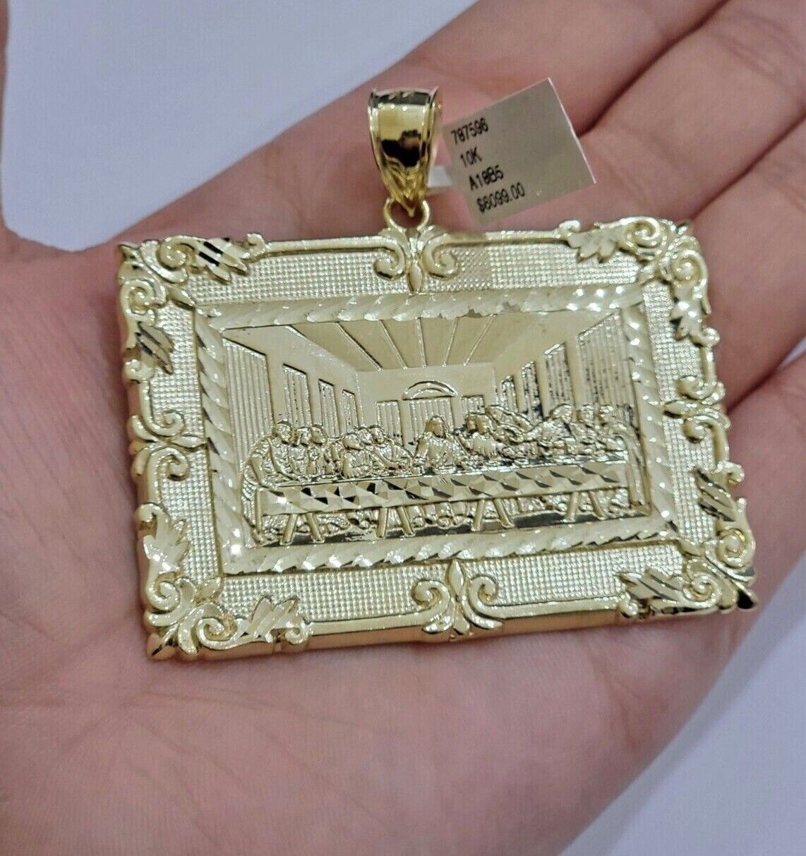 Real 10k Gold Pendant Charm Last Supper Square Jesus 10kt Yellow 1.5 - 3 Inch SALE - GoldenlinQ