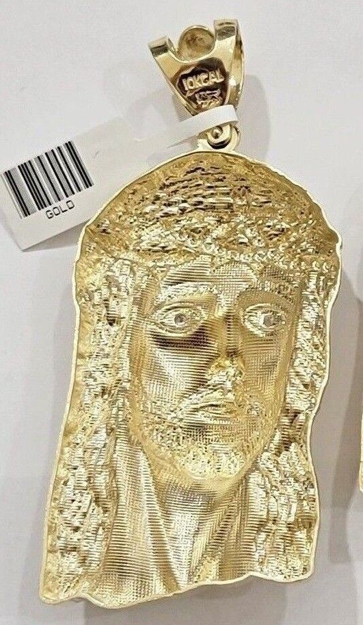 Real 10k Gold Pendant Jesus Head Charm 10kt Yellow Gold 3.1 Inch Long For Men's - GoldenlinQ
