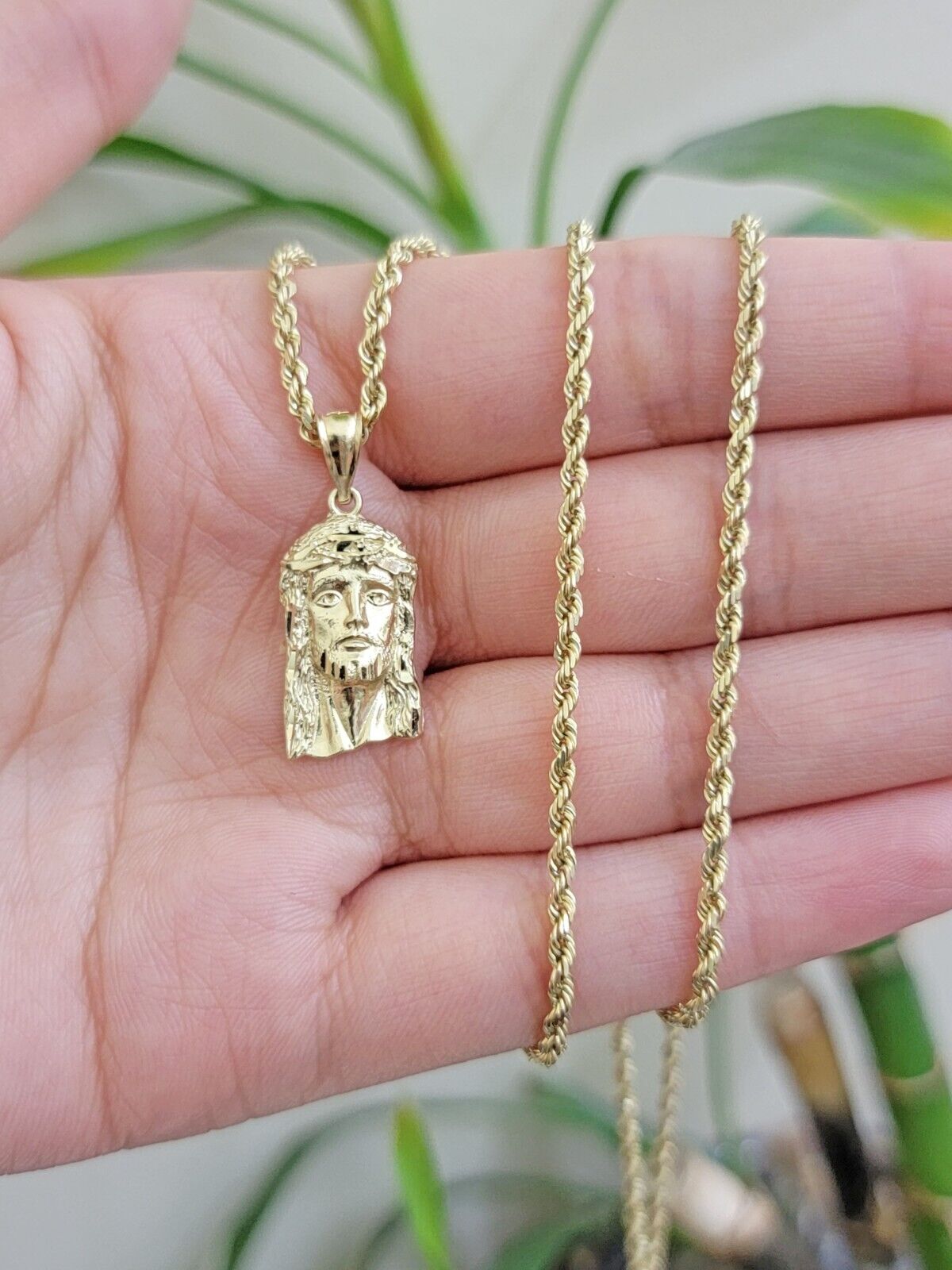 REAL 10k Gold Pendant & Solid Rope Chain Necklace 18" - 24 Inch Jesus Face Charm - GoldenlinQ