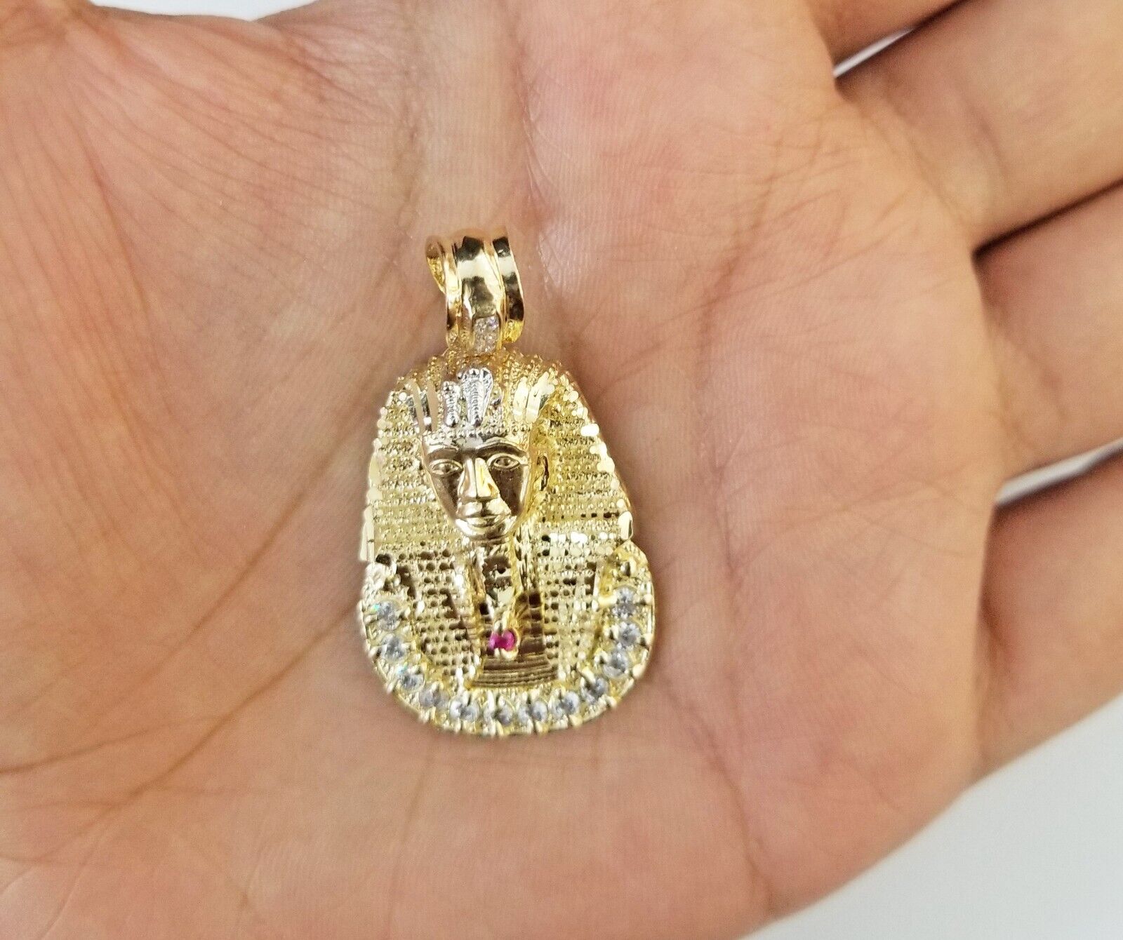 Real 10k Gold Pharaoh Head Charm Pendant 1.6" 10kt Yellow Gold for Mens Chain - GoldenlinQ