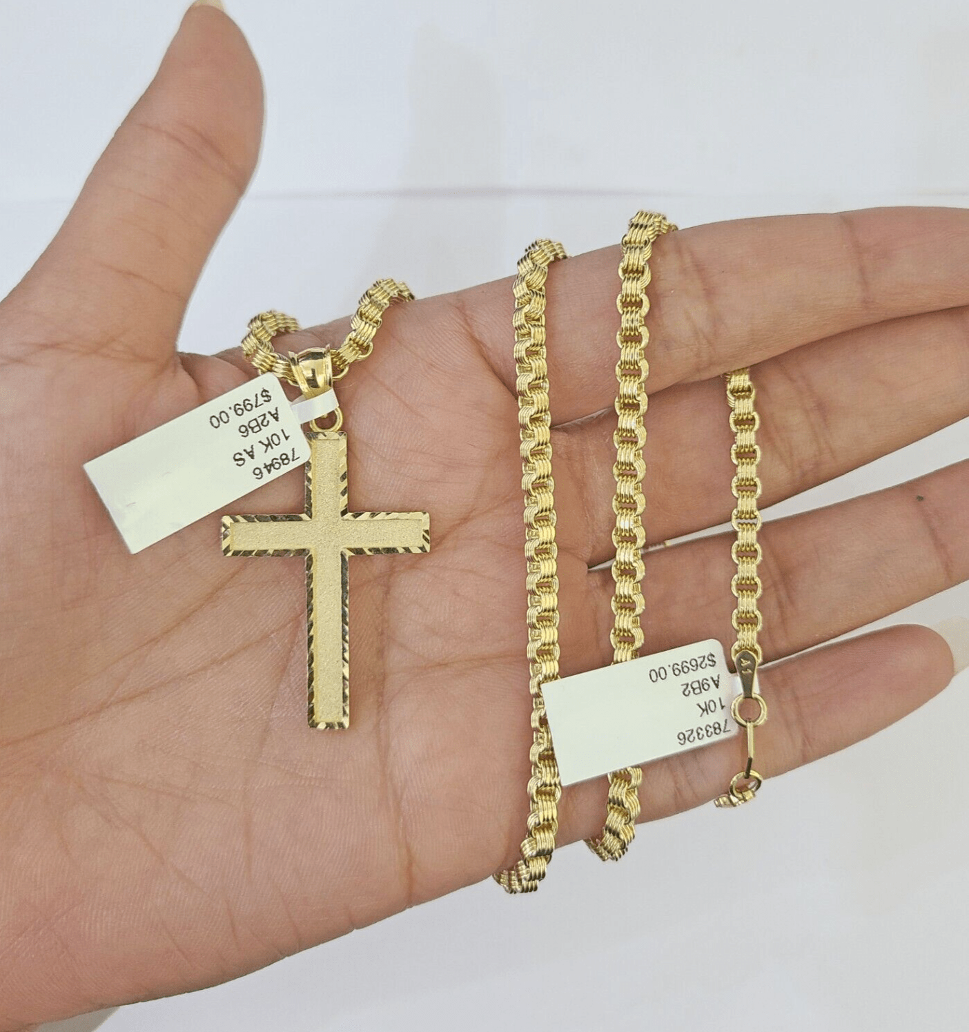 Real 10k Gold Plain Cross Byzantine Chain Necklace 3mm 20" SET 10kt Genuine - GoldenlinQ