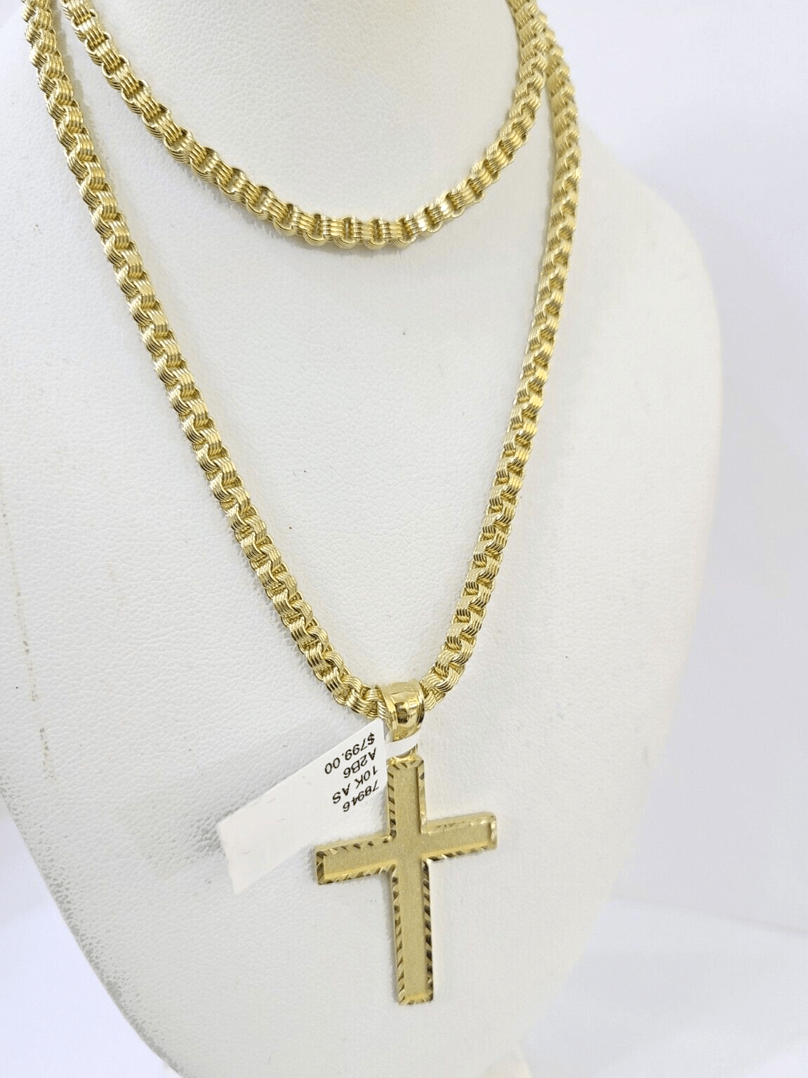 Real 10k Gold Plain Cross Byzantine Chain Necklace 3mm 20" SET 10kt Genuine - GoldenlinQ