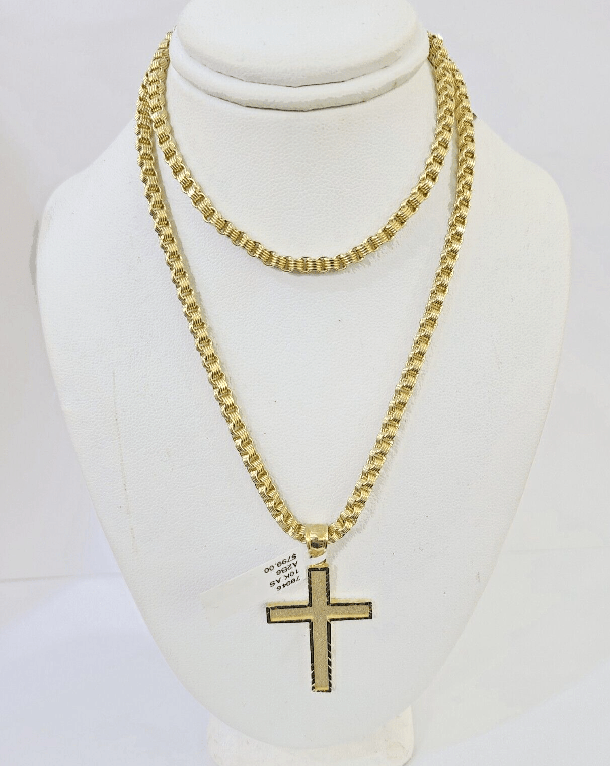 Real 10k Gold Plain Cross Byzantine Chain Necklace 3mm 20" SET 10kt Genuine - GoldenlinQ