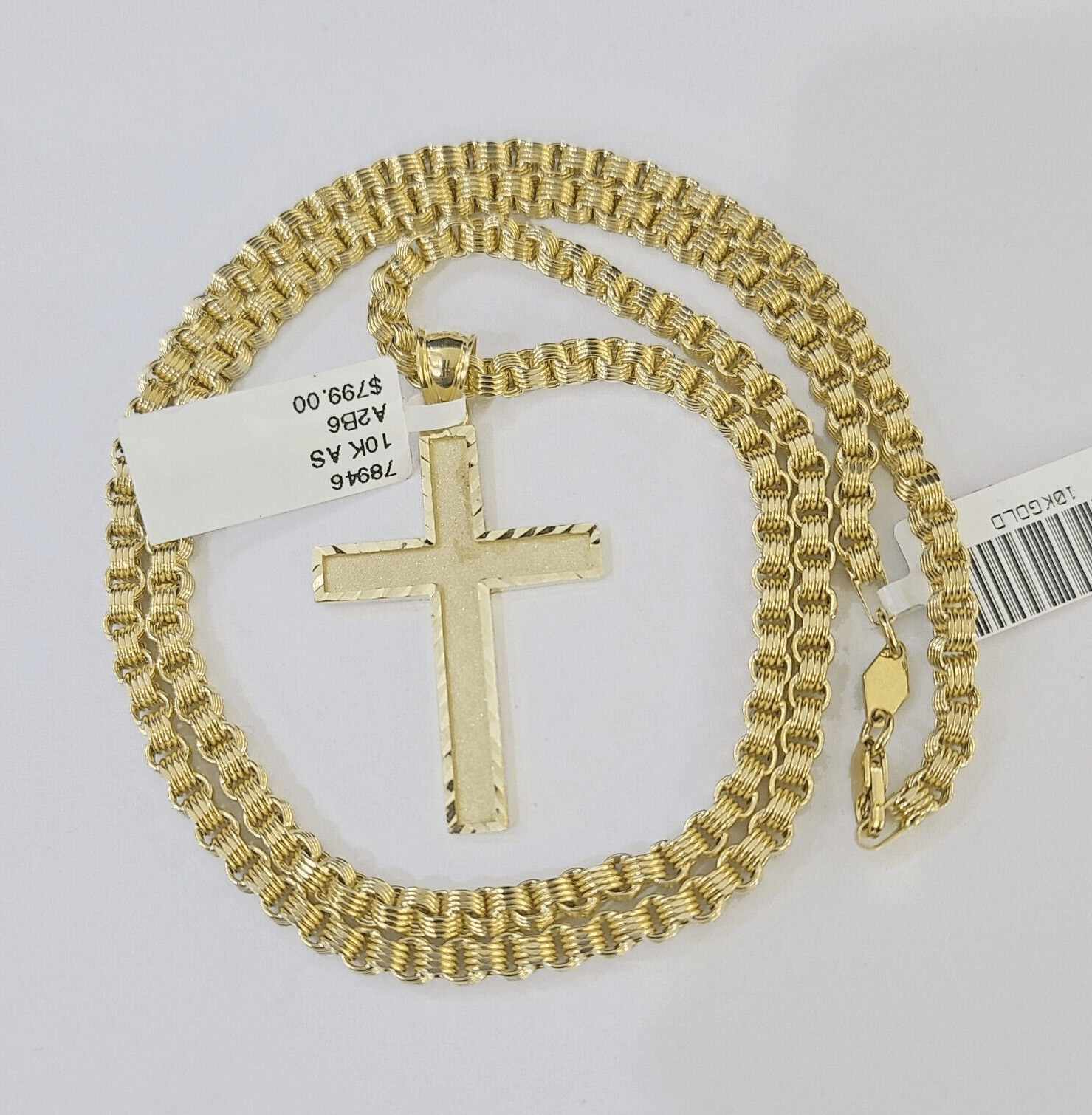 Real 10k Gold Plain Cross Byzantine Chain Necklace 3mm 20" SET 10kt Genuine - GoldenlinQ