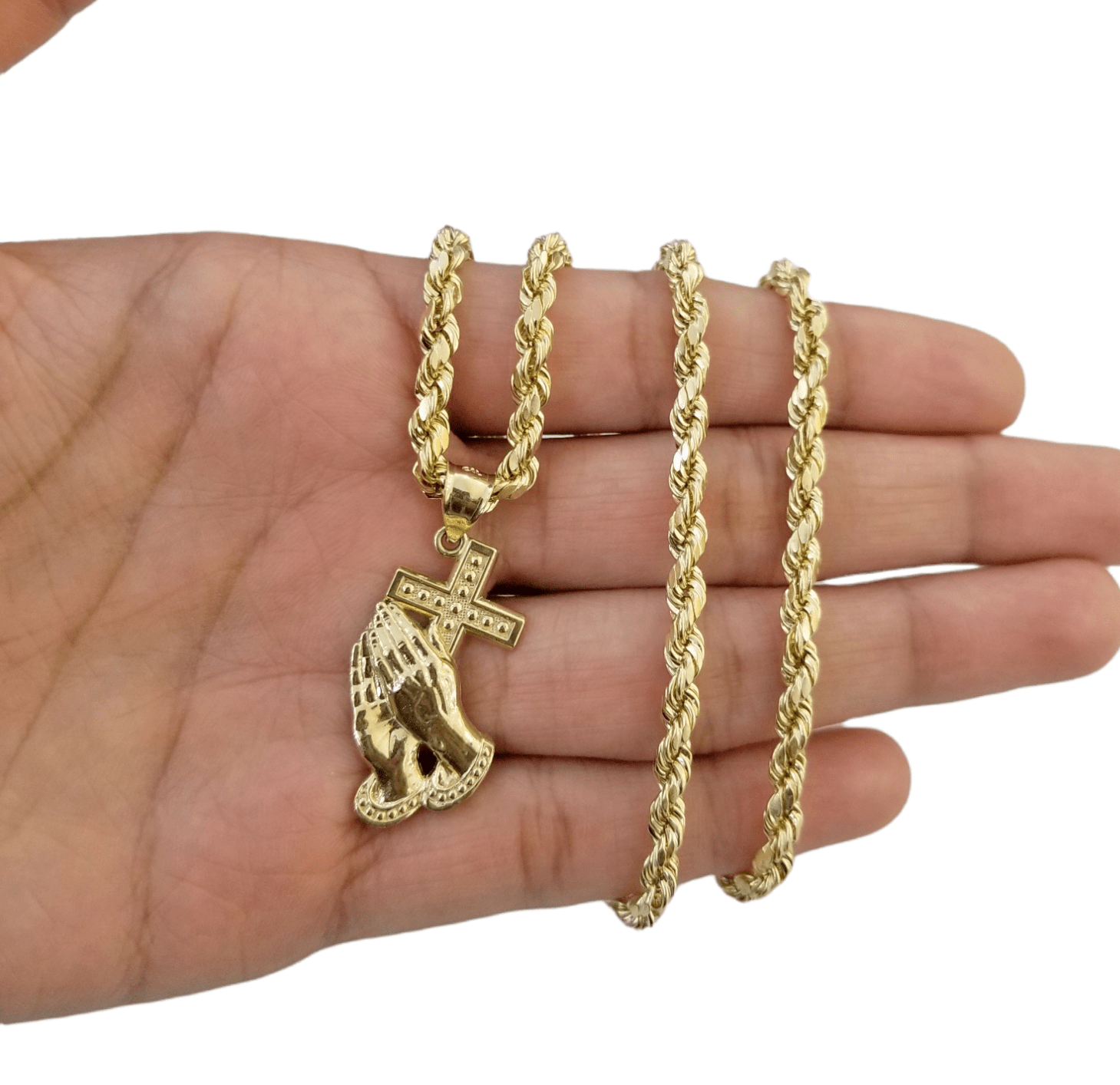 Real 10K Gold Praying Hand 20" Rope Chain Cross Pendant Charm 4mm - GoldenlinQ