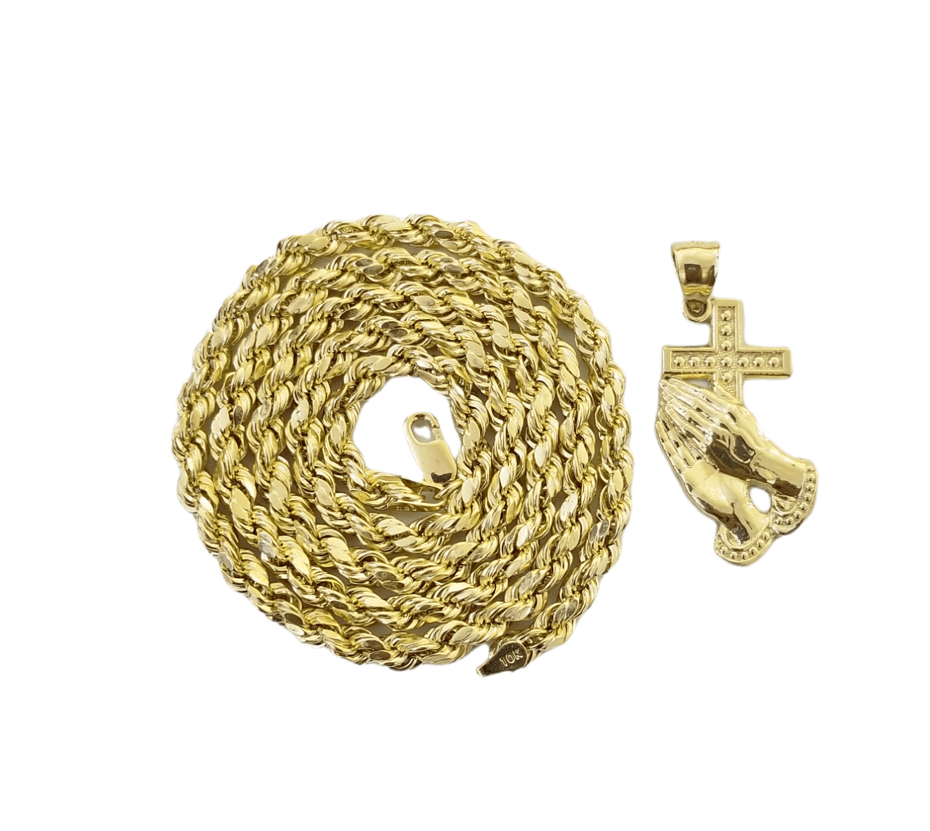 Real 10K Gold Praying Hand 20" Rope Chain Cross Pendant Charm 4mm - GoldenlinQ