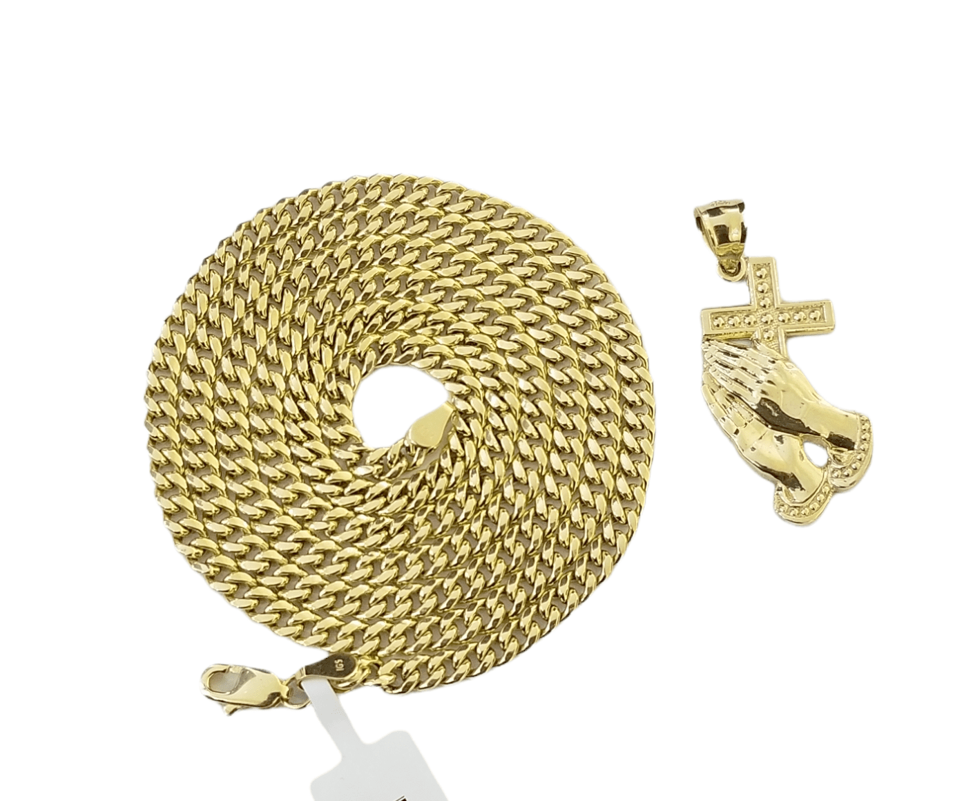 Real 10k Gold Praying Hand Cross Charm Pendent 4mm Cuban Chain 18" - 30" Inch - GoldenlinQ