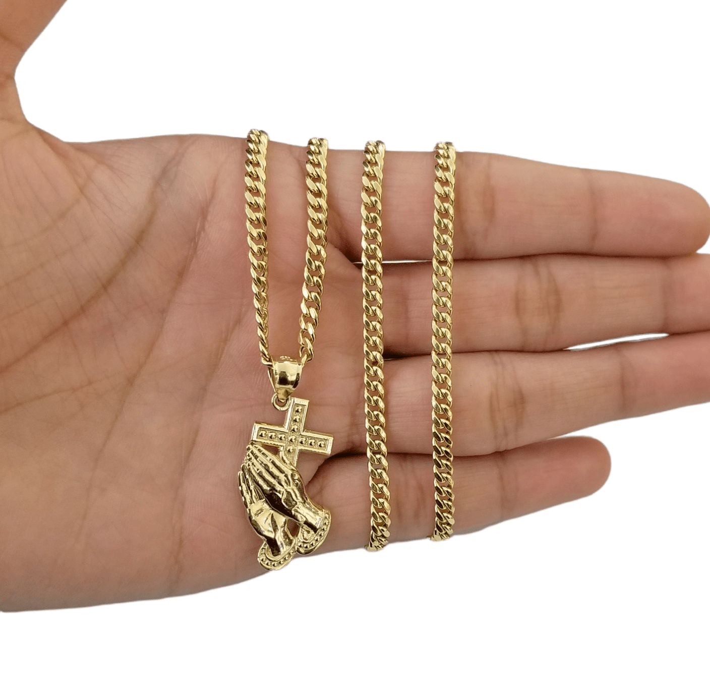 Real 10k Gold Praying Hand Cross Charm Pendent 4mm Cuban Chain 18" - 30" Inch - GoldenlinQ