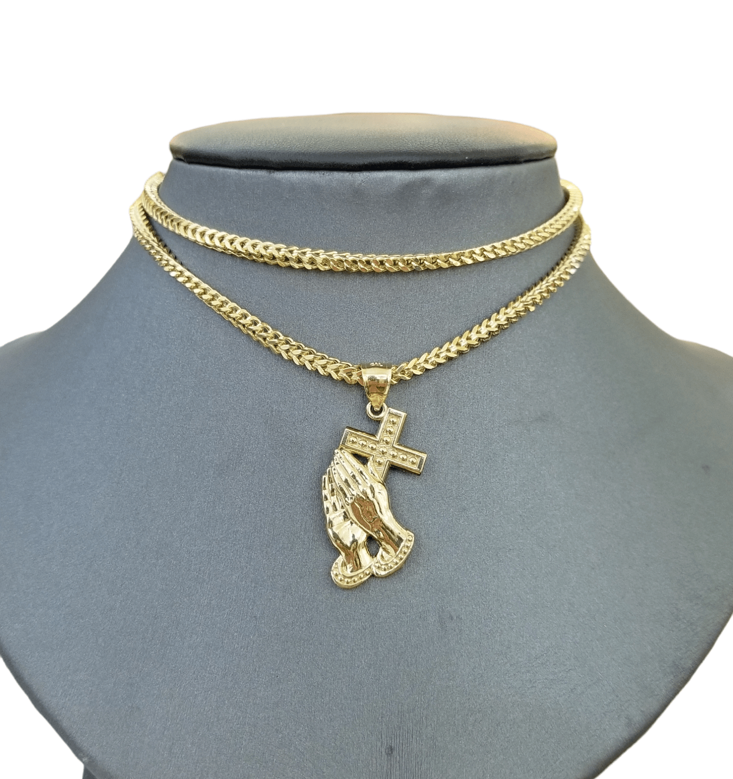 Real 10k Gold Praying Hand Cross Pendent Charm 3mm Franco Chain 18" - 28" Inch - GoldenlinQ