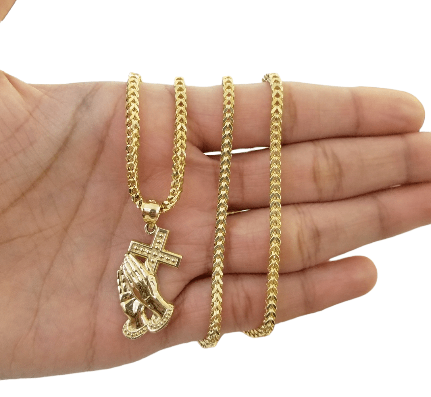 Real 10k Gold Praying Hand Cross Pendent Charm 3mm Franco Chain 18" - 28" Inch - GoldenlinQ