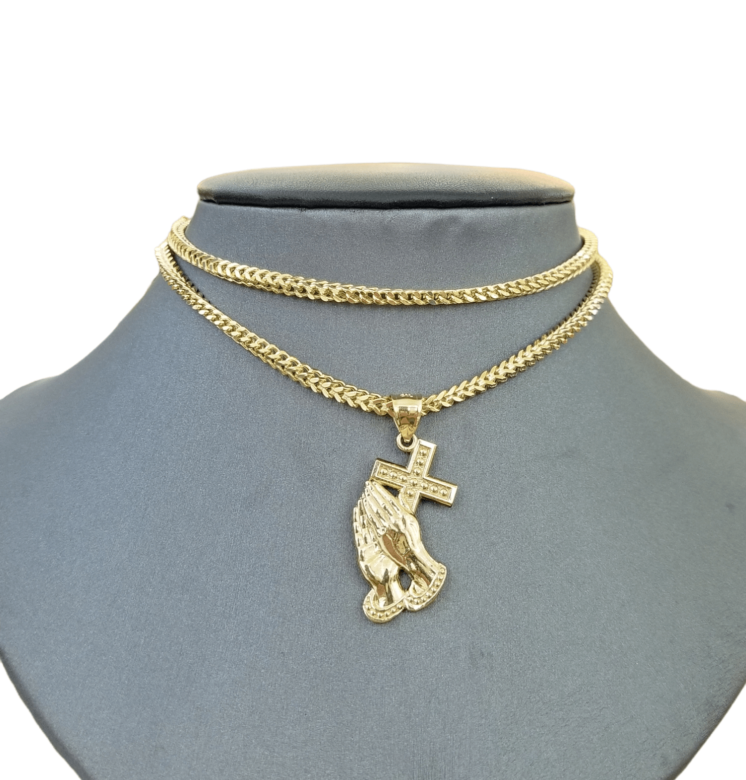 Real 10K Gold Praying Hand Jesus Cross Pendent 4mm Franco Chain 22" Inch Charm - GoldenlinQ