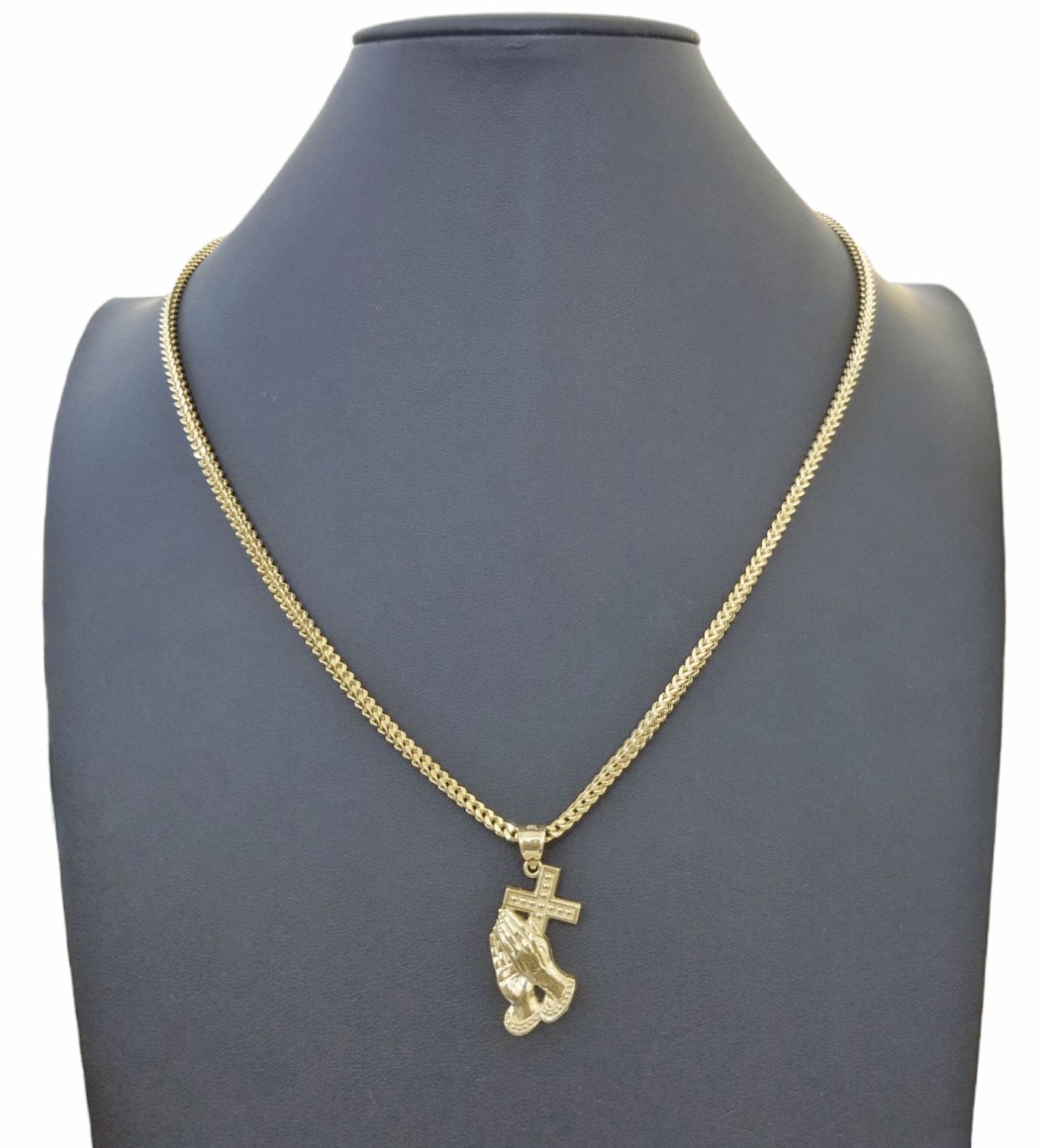 Real 10K Gold Praying Hand Jesus Cross Pendent 4mm Franco Chain 22" Inch Charm - GoldenlinQ