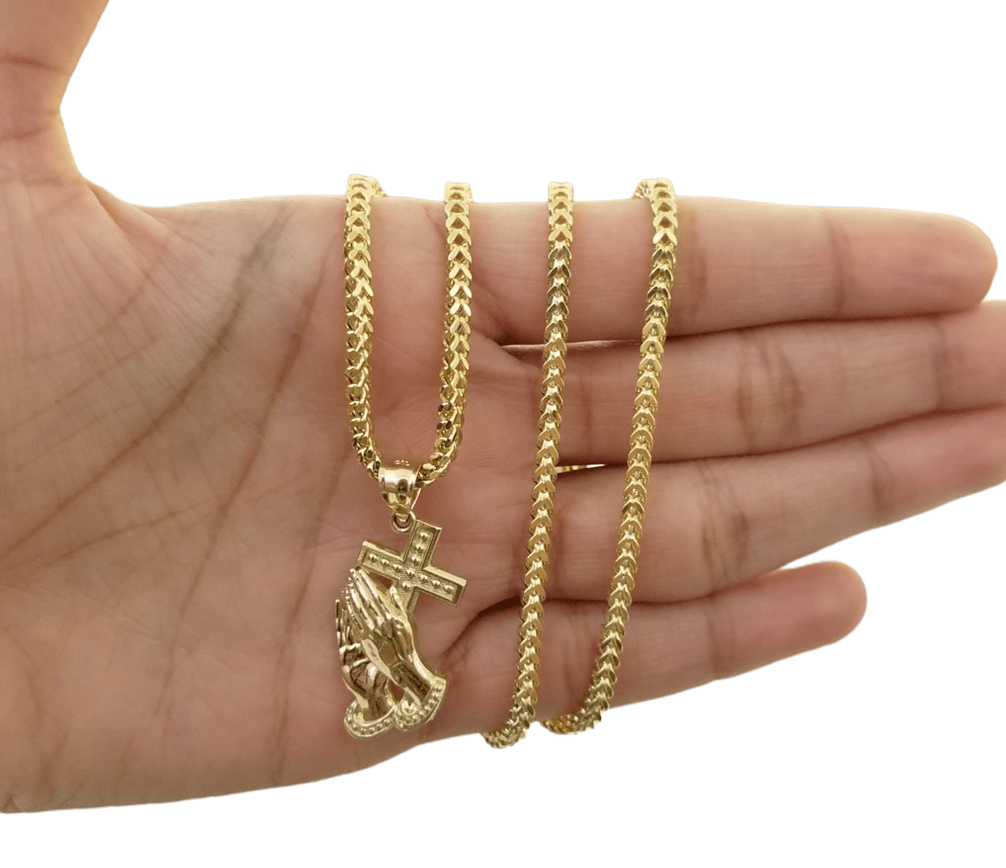 Real 10K Gold Praying Hand Jesus Cross Pendent 4mm Franco Chain 22" Inch Charm - GoldenlinQ