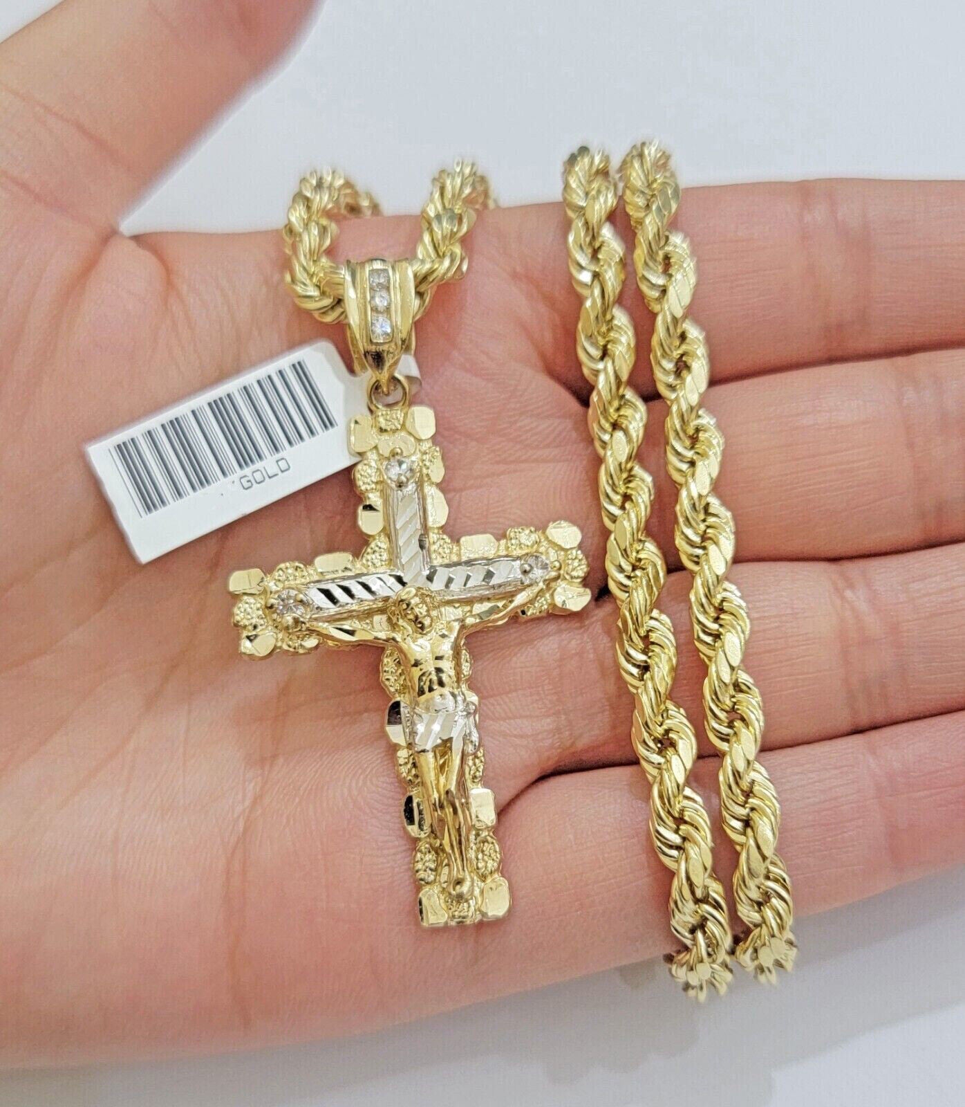 Real 10k Gold Rope 24 inch Chain Jesus Cross Charm Pendant Set 5mm Necklace Mens - GoldenlinQ