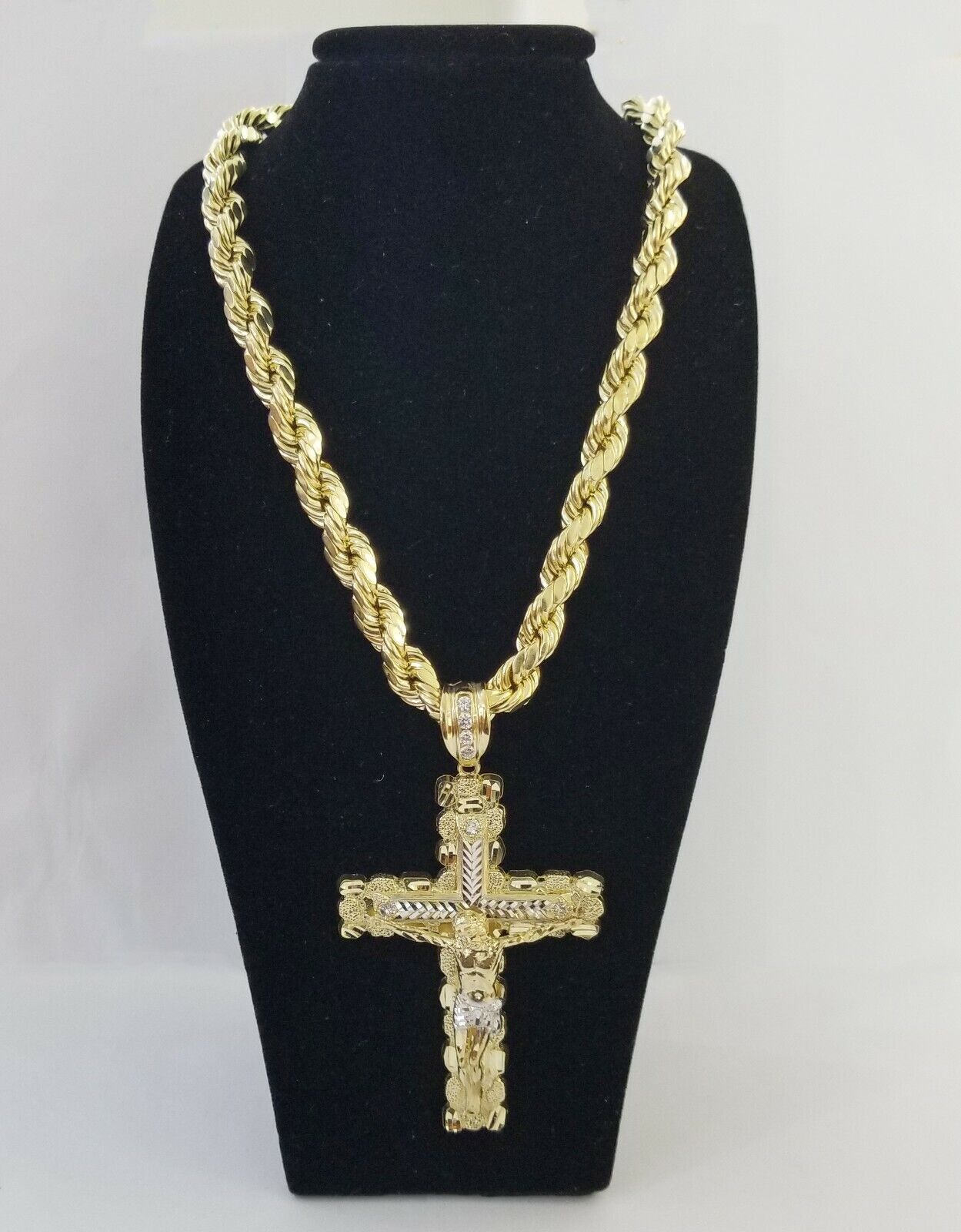 Real 10k Gold Rope Chain 26"Inch 10mm and nugget Cross Pendent 10kt yellow gold - GoldenlinQ