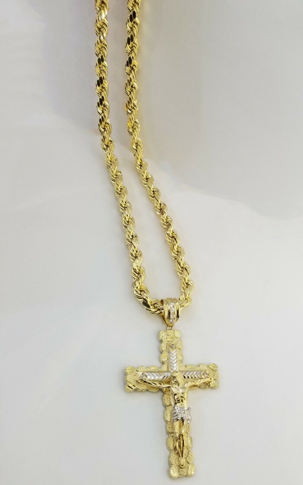 Real 10k Gold Rope Chain 26"Inch 10mm and nugget Cross Pendent 10kt yellow gold - GoldenlinQ