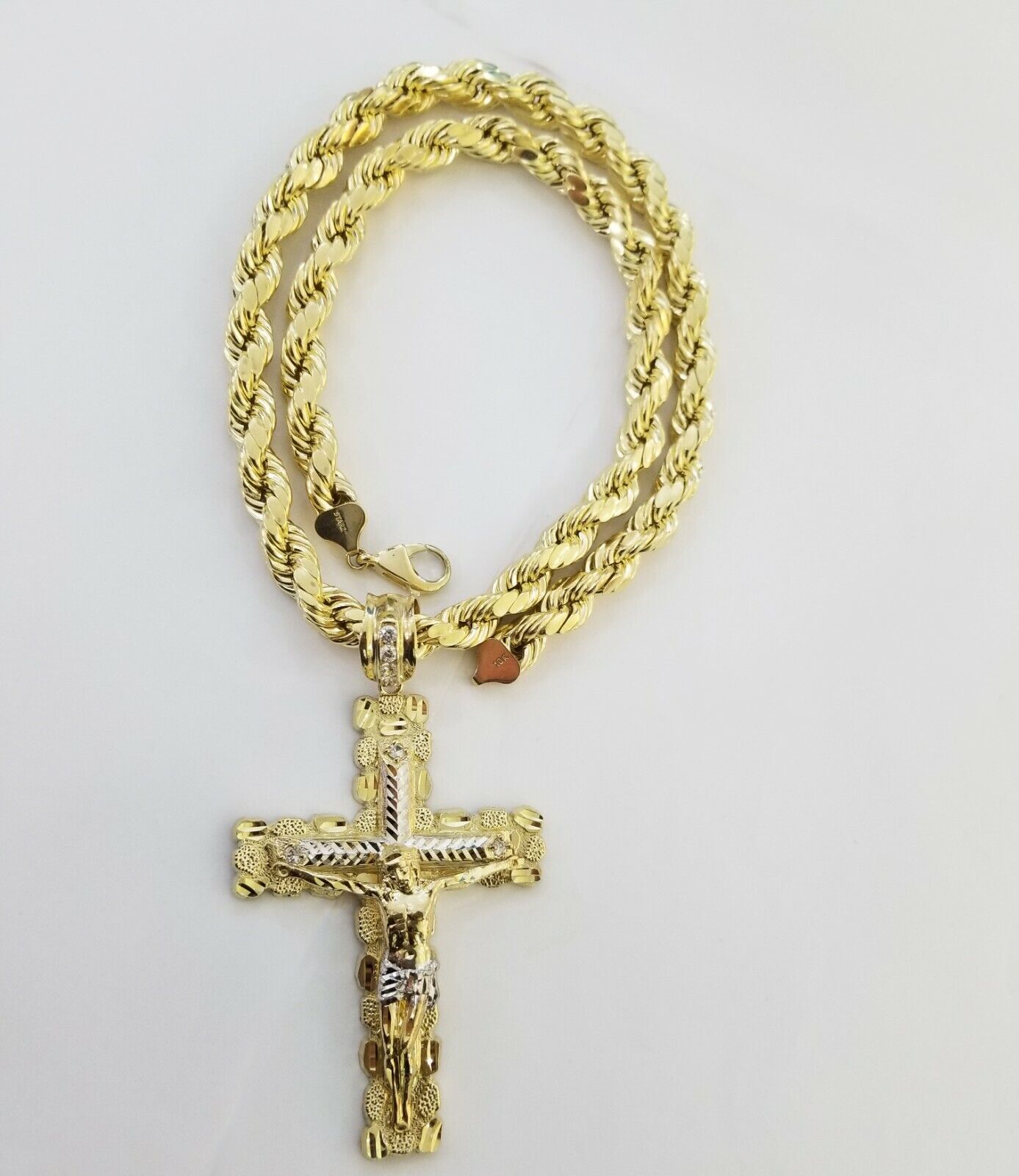 Real 10k Gold Rope Chain 26"Inch 10mm and nugget Cross Pendent 10kt yellow gold - GoldenlinQ