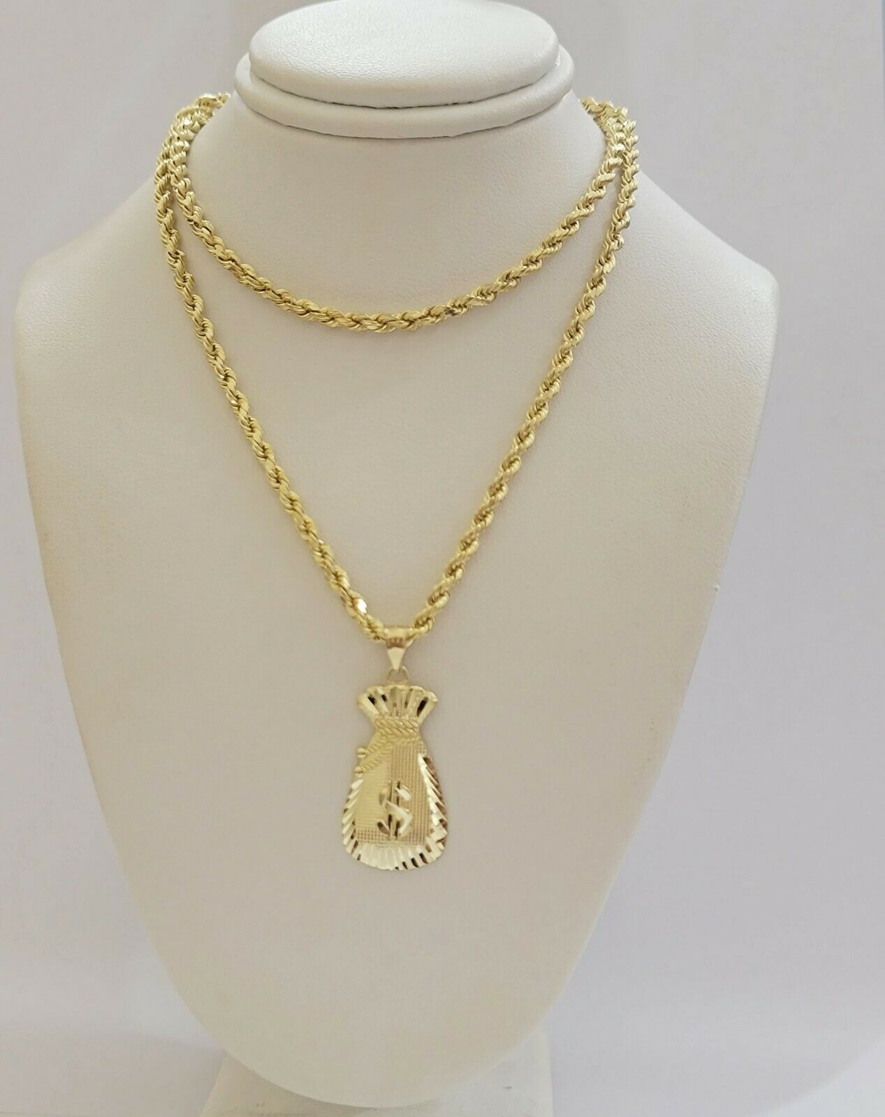 REAL 10k Gold Rope Chain Charm Pendant SET 3mm Necklace 18 - 28" Money Dollar Bag - GoldenlinQ