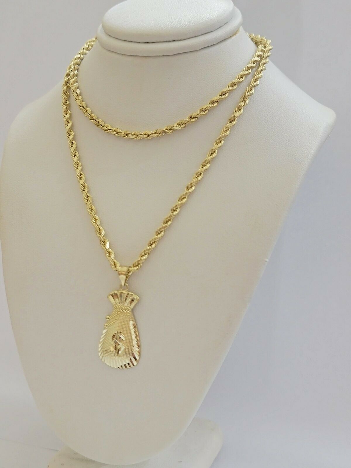 REAL 10k Gold Rope Chain Charm Pendant SET 3mm Necklace 18 - 28" Money Dollar Bag - GoldenlinQ