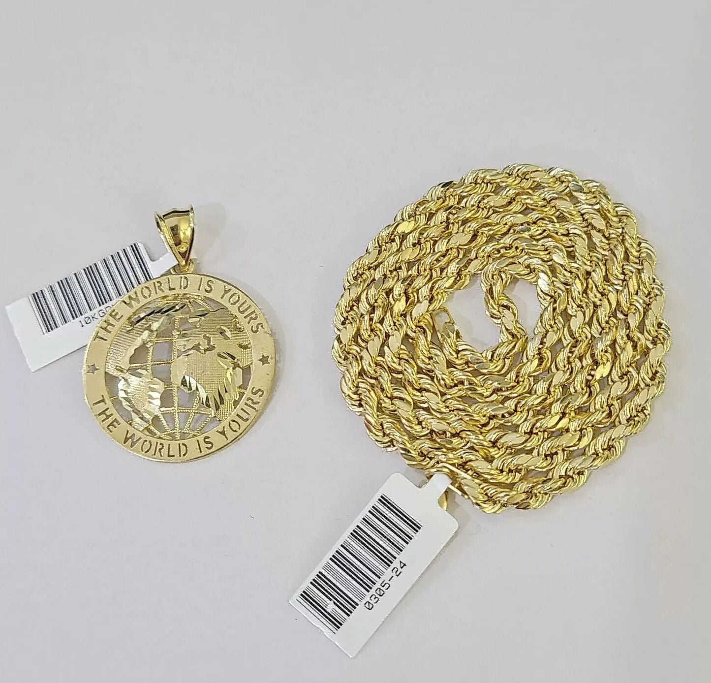 Real 10k Gold Rope Chain Charm World Map Pendant SET 4mm 18 - 28 inch Necklace - GoldenlinQ