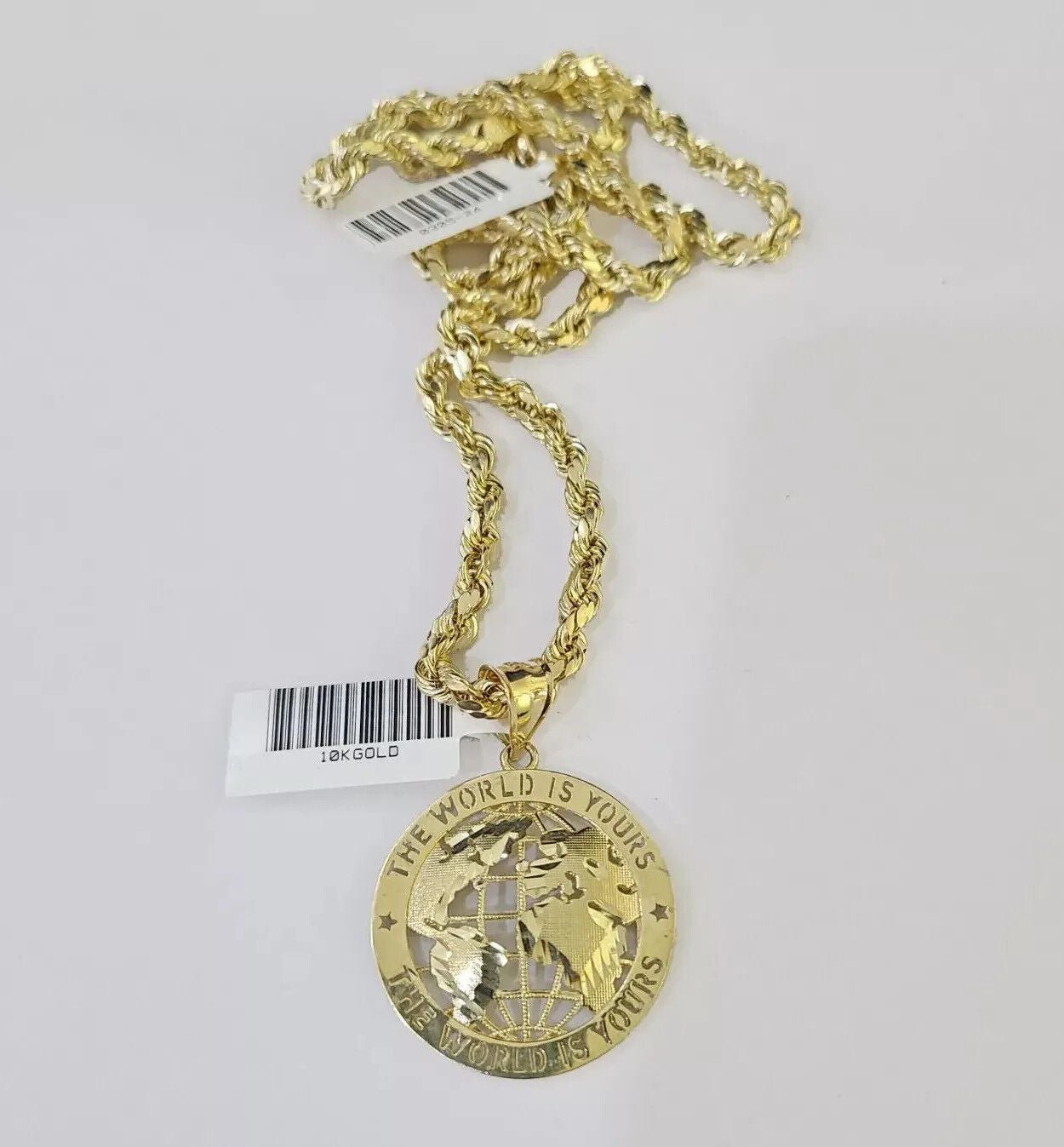 Real 10k Gold Rope Chain Charm World Map Pendant SET 4mm 18 - 28 inch Necklace - GoldenlinQ