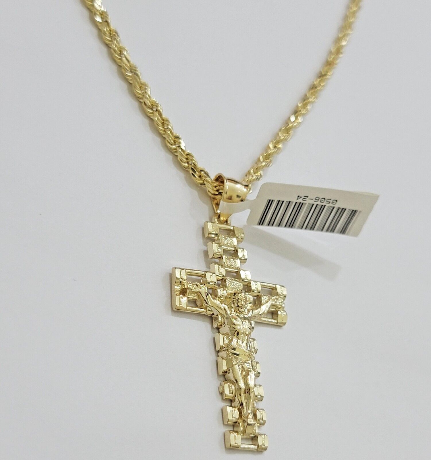 Real 10k Gold Rope Chain Cross Charm Pendant SET 3mm 20" Necklace Jesus Crucifix - GoldenlinQ