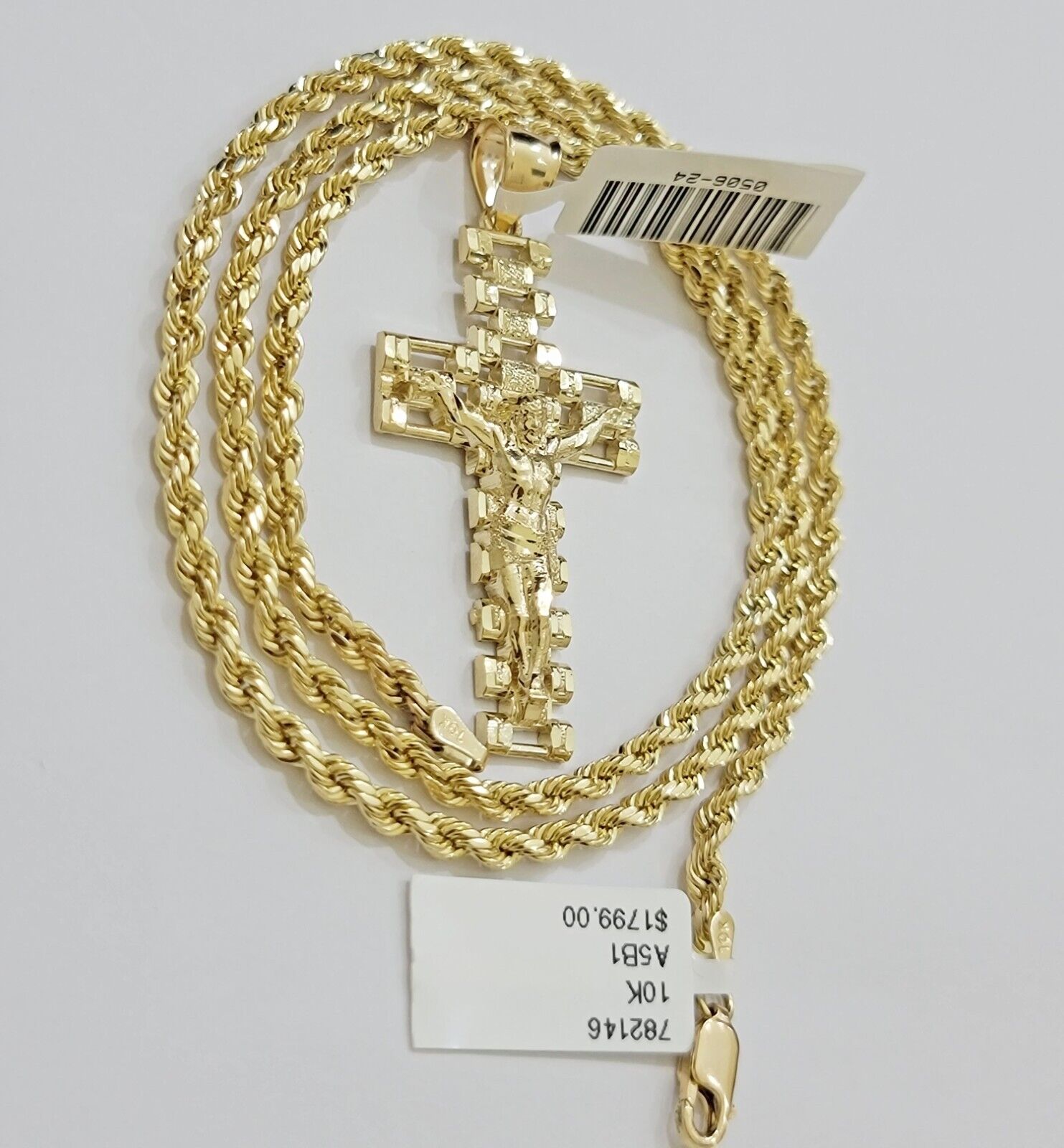 Real 10k Gold Rope Chain Cross Charm Pendant SET 3mm 20" Necklace Jesus Crucifix - GoldenlinQ