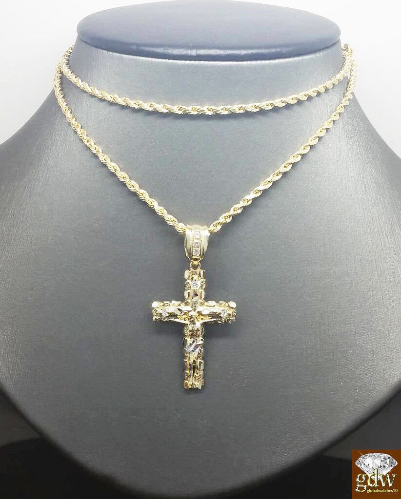 Real 10k Gold Rope Chain Cross Pendant 18" 20" 22" 24" 26" Necklace - GoldenlinQ