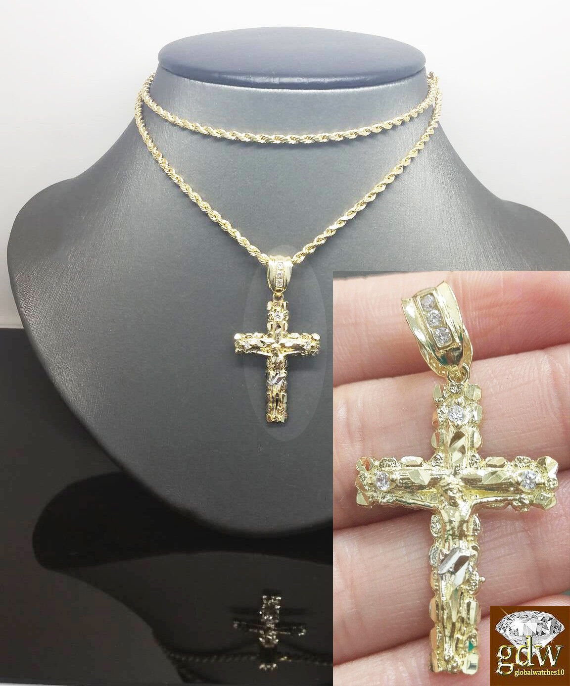 Real 10k Gold Rope Chain Cross Pendant 18" 20" 22" 24" 26" Necklace - GoldenlinQ