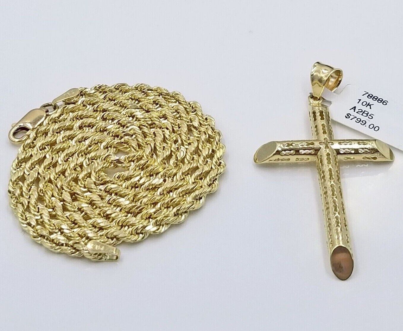 Real 10k Gold Rope Chain Cross Pendant, 3mm Necklace 20" inch With Charm, 10kt - GoldenlinQ