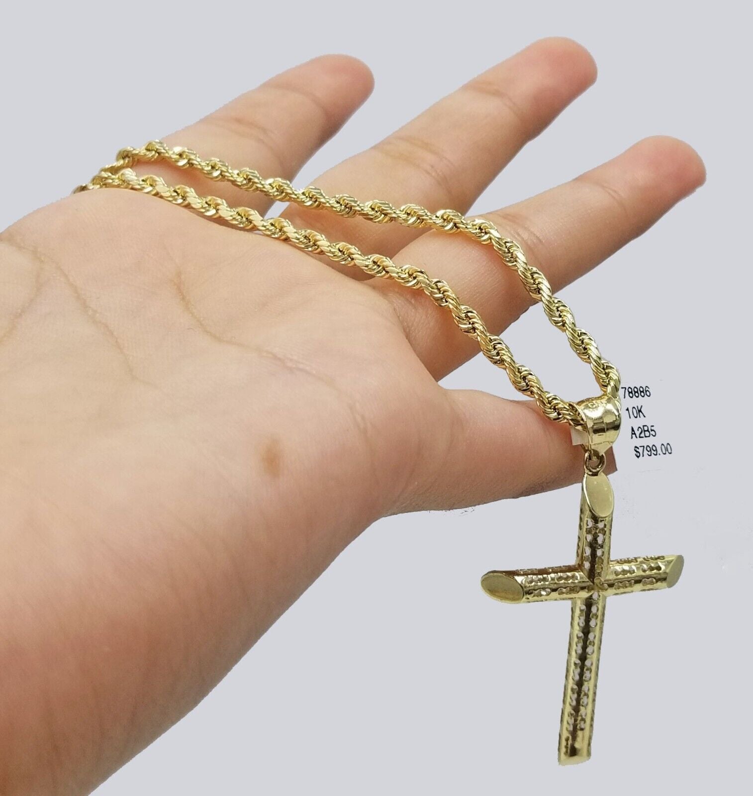 Real 10k Gold Rope Chain Cross Pendant, 3mm Necklace 20" inch With Charm, 10kt - GoldenlinQ