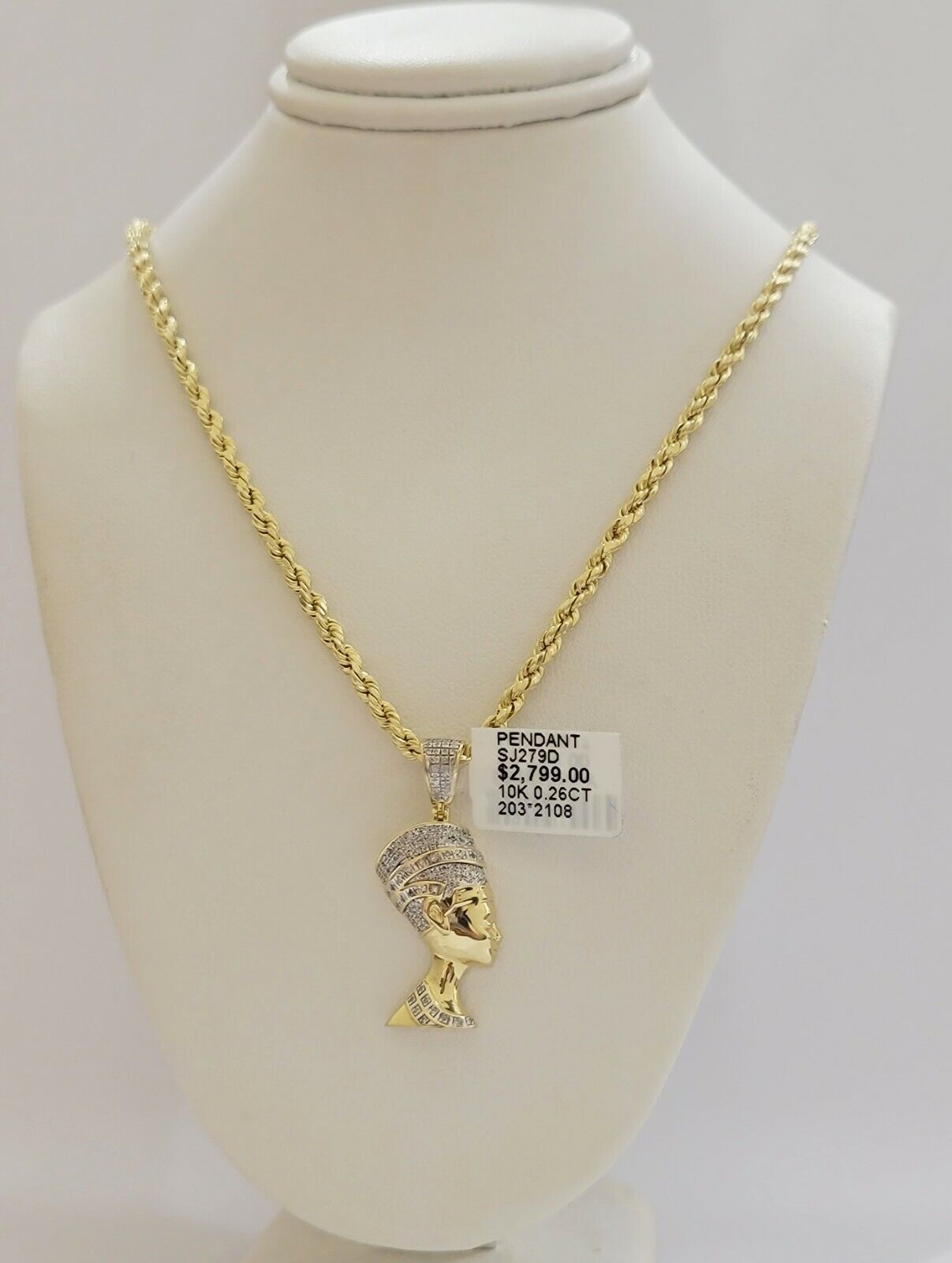 REAL 10k Gold Rope Chain Diamond Pendant Pharaoh Head SET 3mm Necklace 18" - 28" - GoldenlinQ