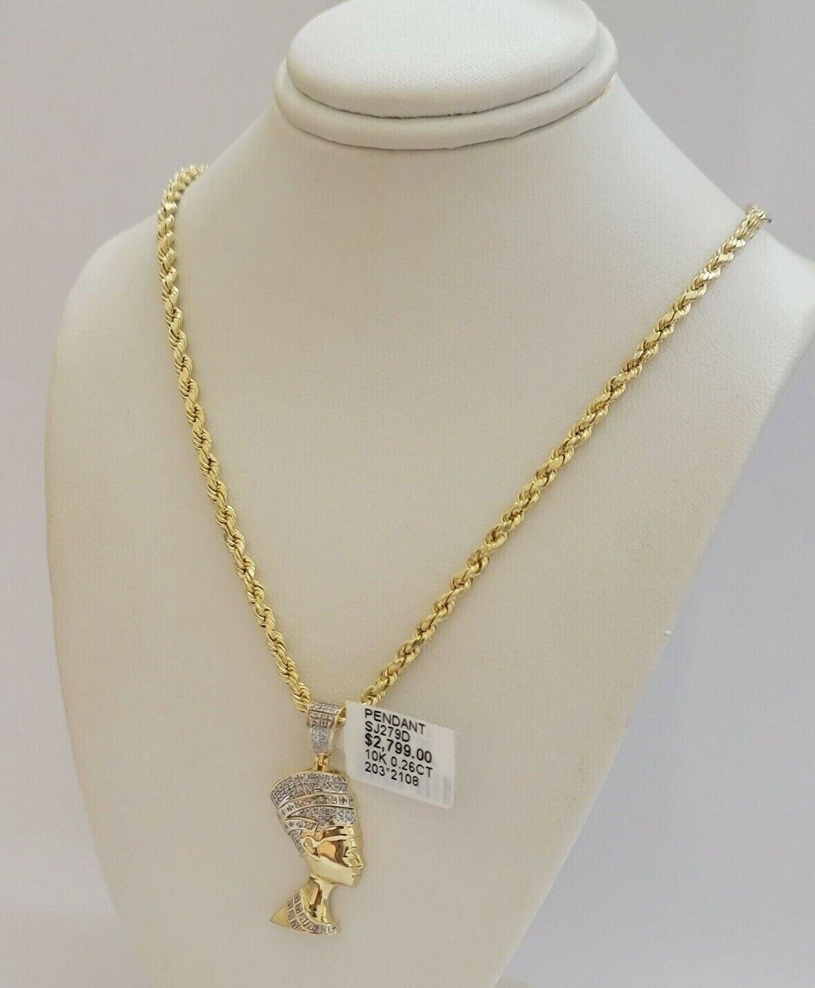 REAL 10k Gold Rope Chain Diamond Pendant Pharaoh Head SET 3mm Necklace 18" - 28" - GoldenlinQ
