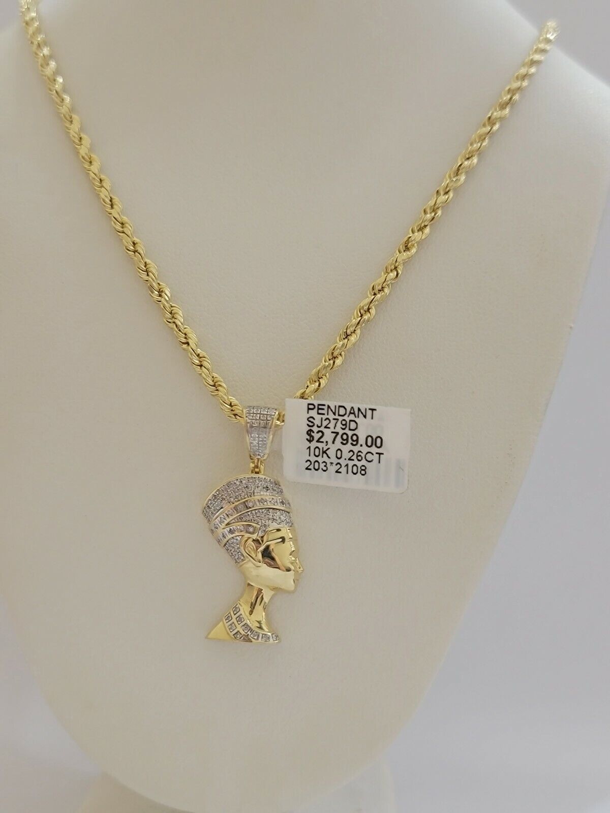 REAL 10k Gold Rope Chain Diamond Pendant Pharaoh Head SET 3mm Necklace 18" - 28" - GoldenlinQ