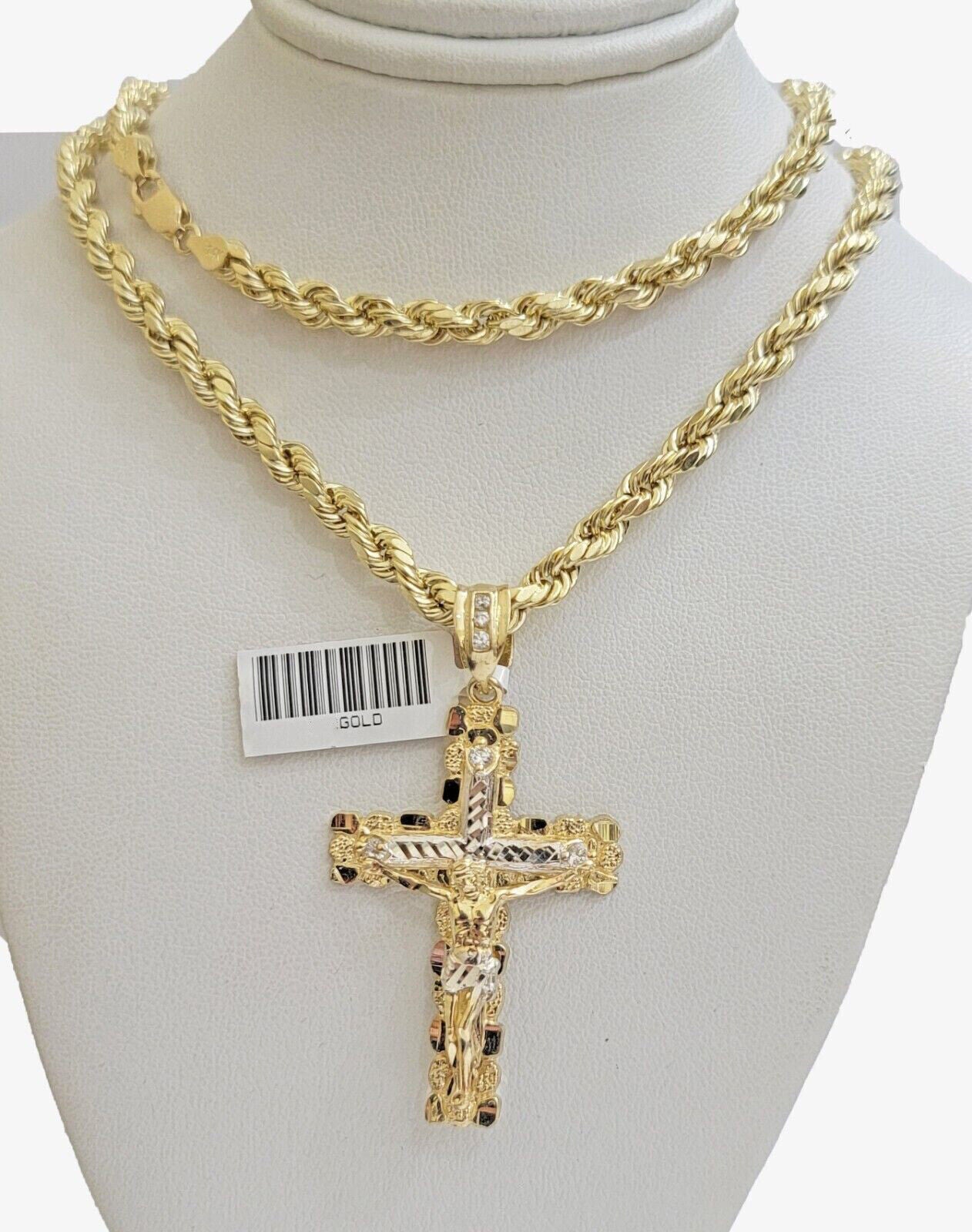 Real 10k Gold Rope Chain Jesus Cross Charm Pendant Set 22" inch 4mm Necklace - GoldenlinQ