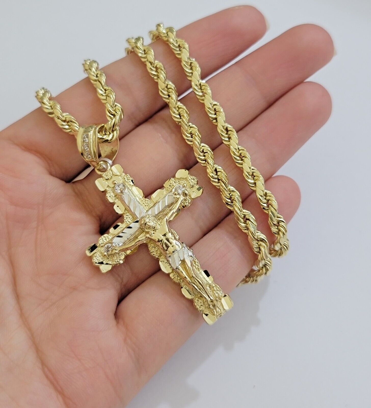 Real 10k Gold Rope Chain Jesus Cross Charm SET 4mm 20'' Necklace & Pendant Men's - GoldenlinQ