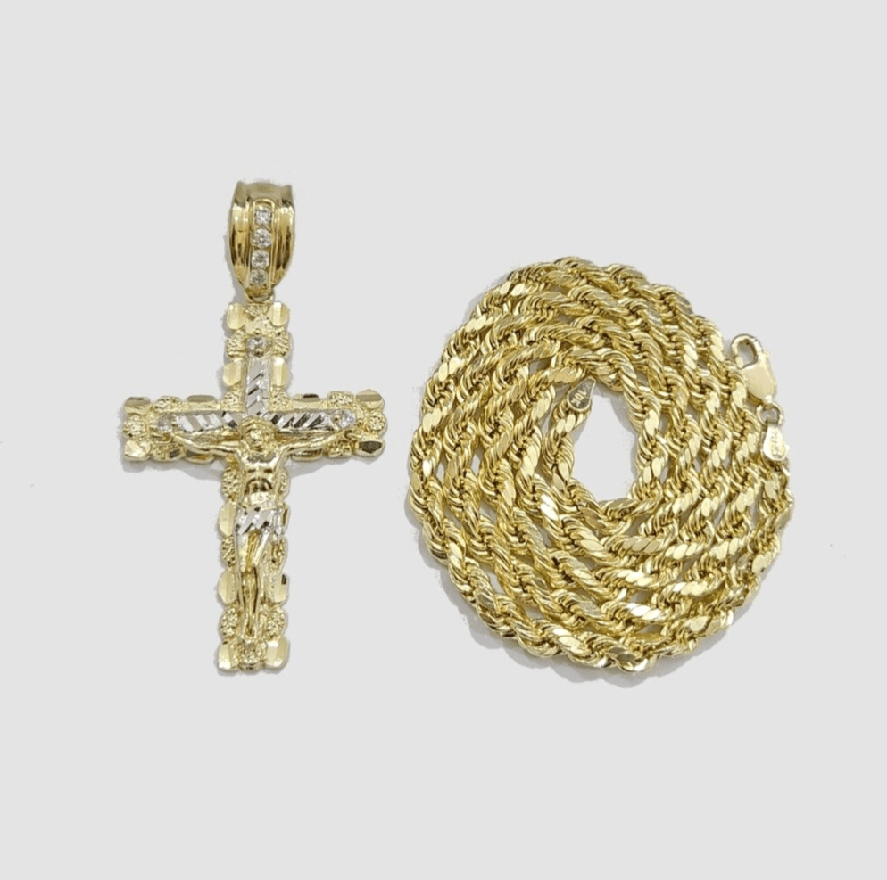 Real 10k Gold Rope Chain Jesus Cross Charm SET 4mm 20'' Necklace & Pendant Men's - GoldenlinQ