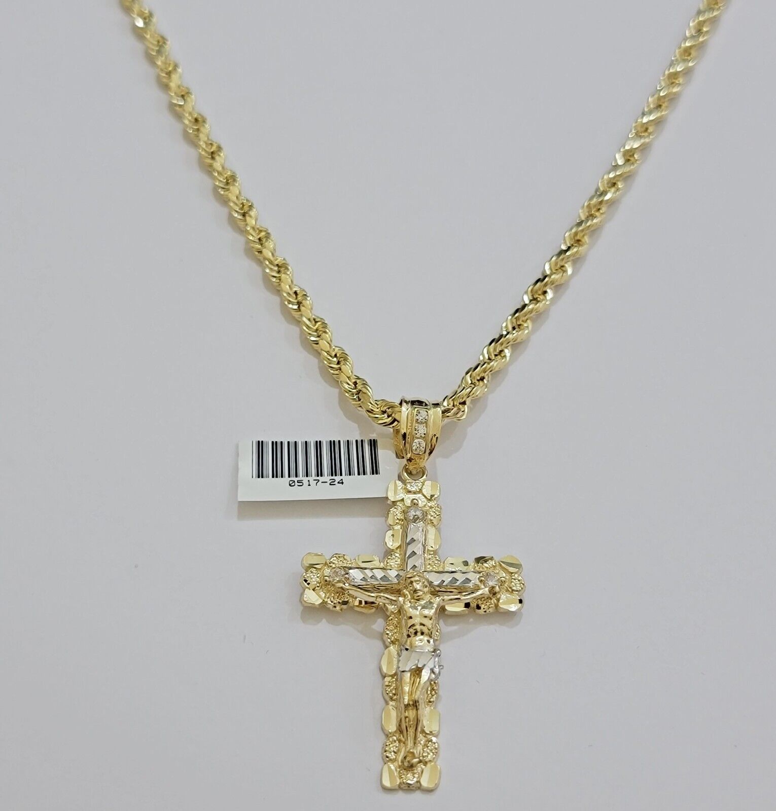 Real 10k Gold Rope Chain Jesus Cross Charm SET 4mm 20'' Necklace & Pendant Men's - GoldenlinQ